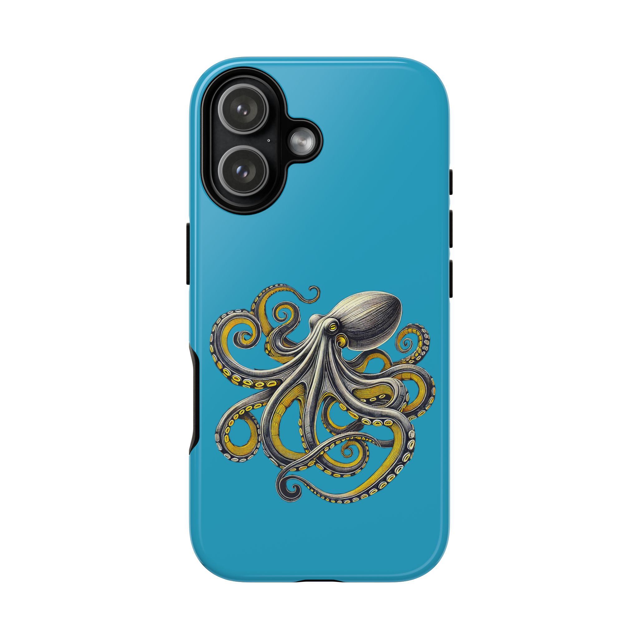 Illustration of an octopus on a blue phone case with detailed tentacles and patterns.