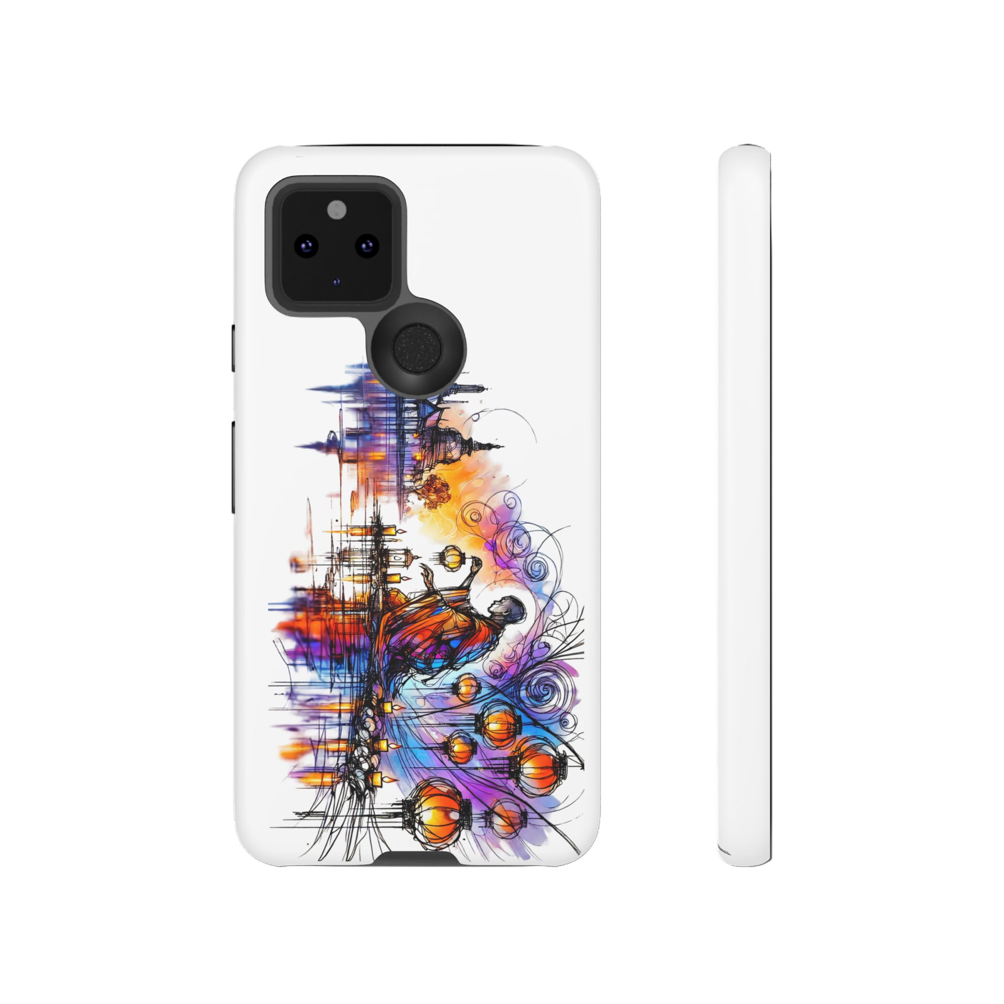 Colorful artistic design on a white phone case featuring abstract shapes and patterns.