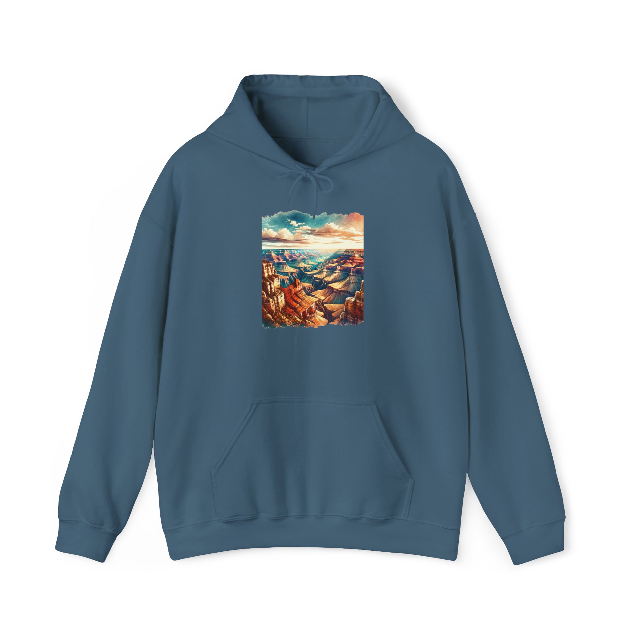 Blue hoodie featuring a graphic design of the Grand Canyon landscape on the front.