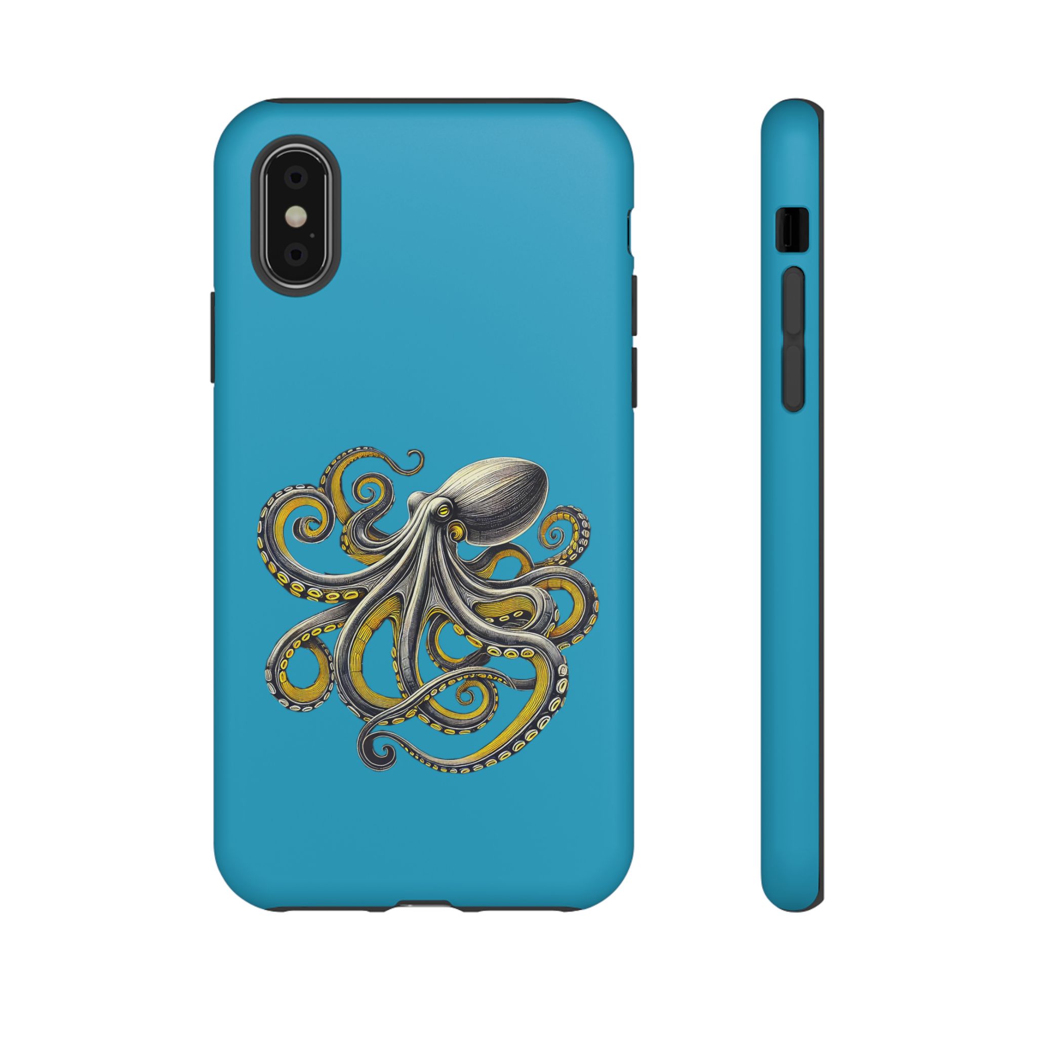 Phone case featuring an octopus illustration on a blue background.