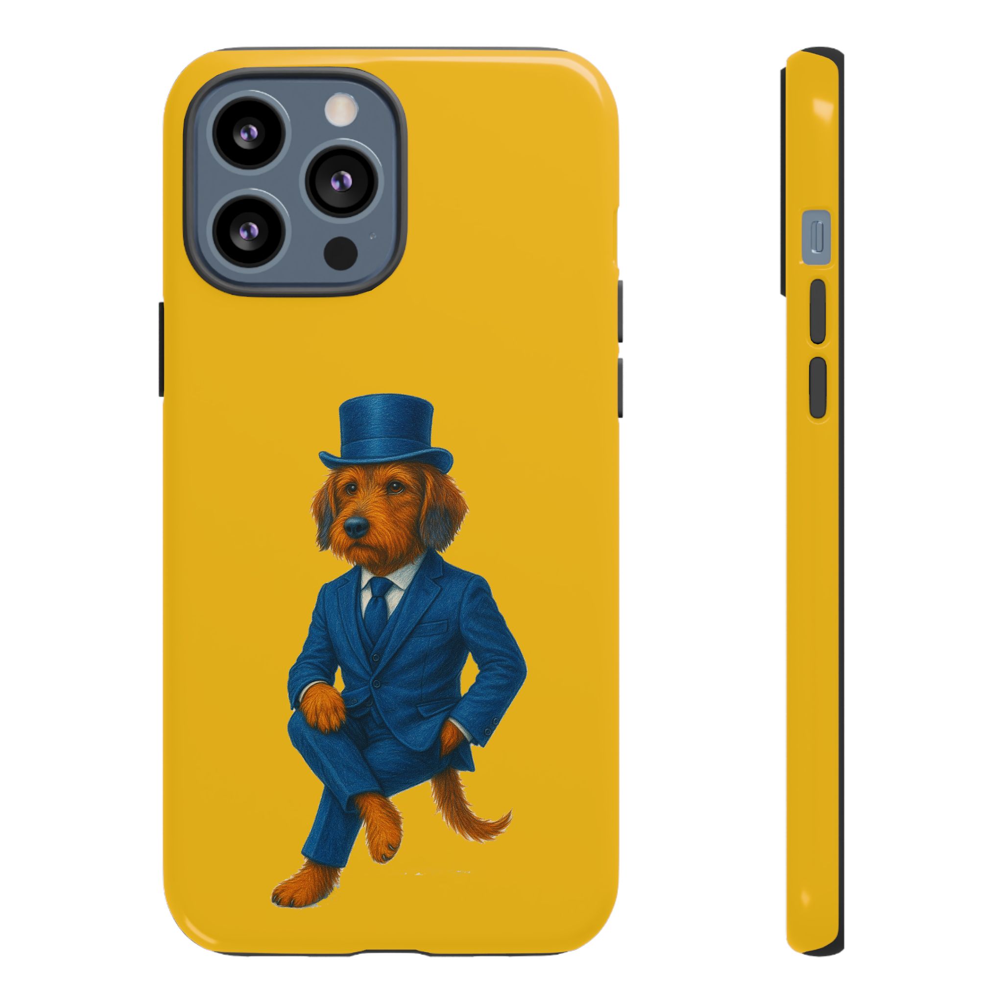 Phone case featuring a dog wearing a blue suit and top hat against a yellow background.