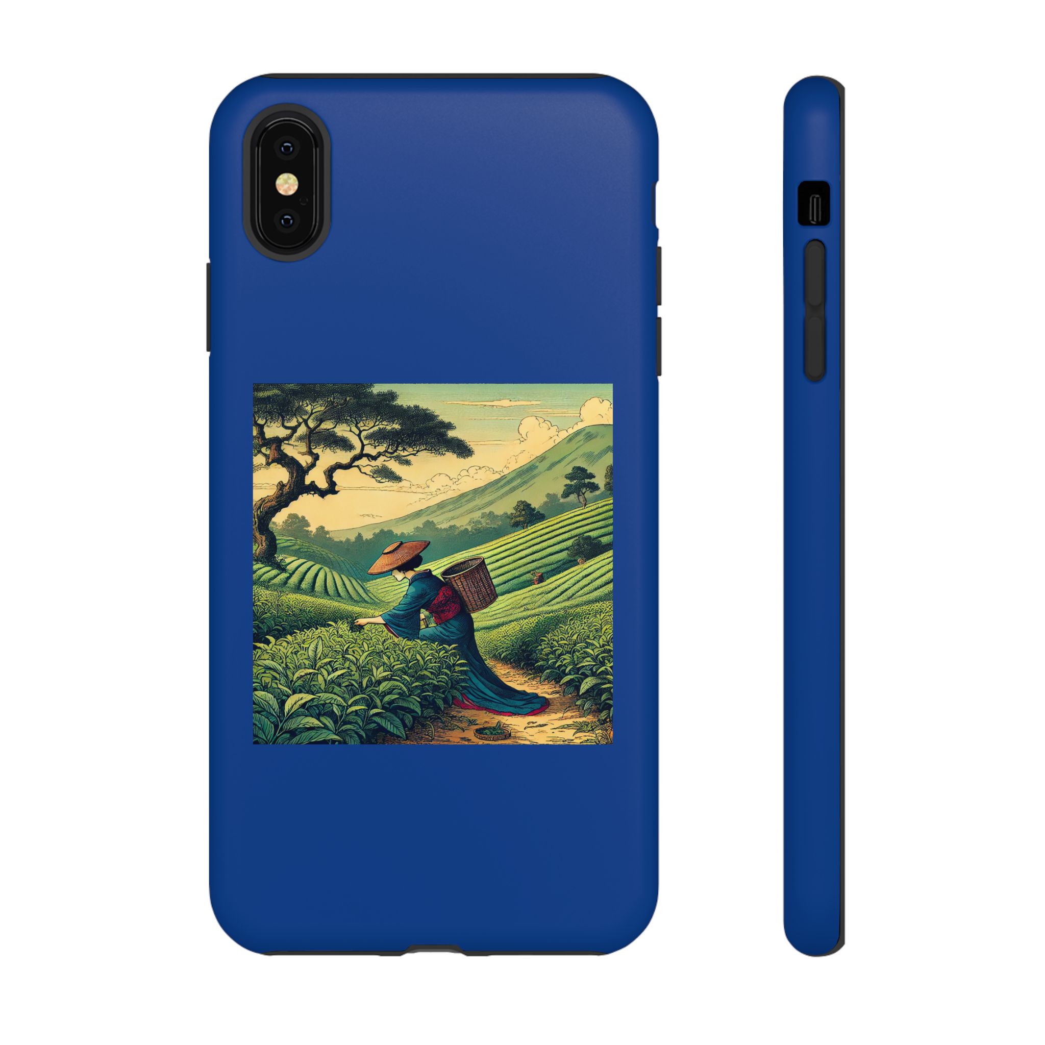 Blue phone case featuring a detailed artwork of a tea plantation with a farmer carrying a basket.