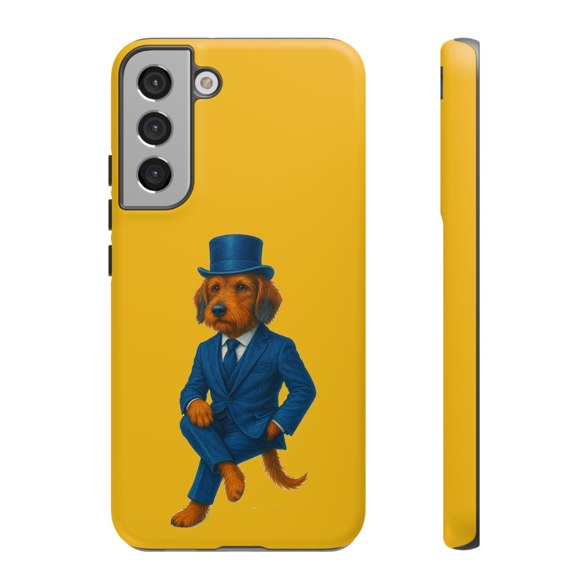 Phone case featuring a dog dressed in a blue suit and top hat against a yellow background.