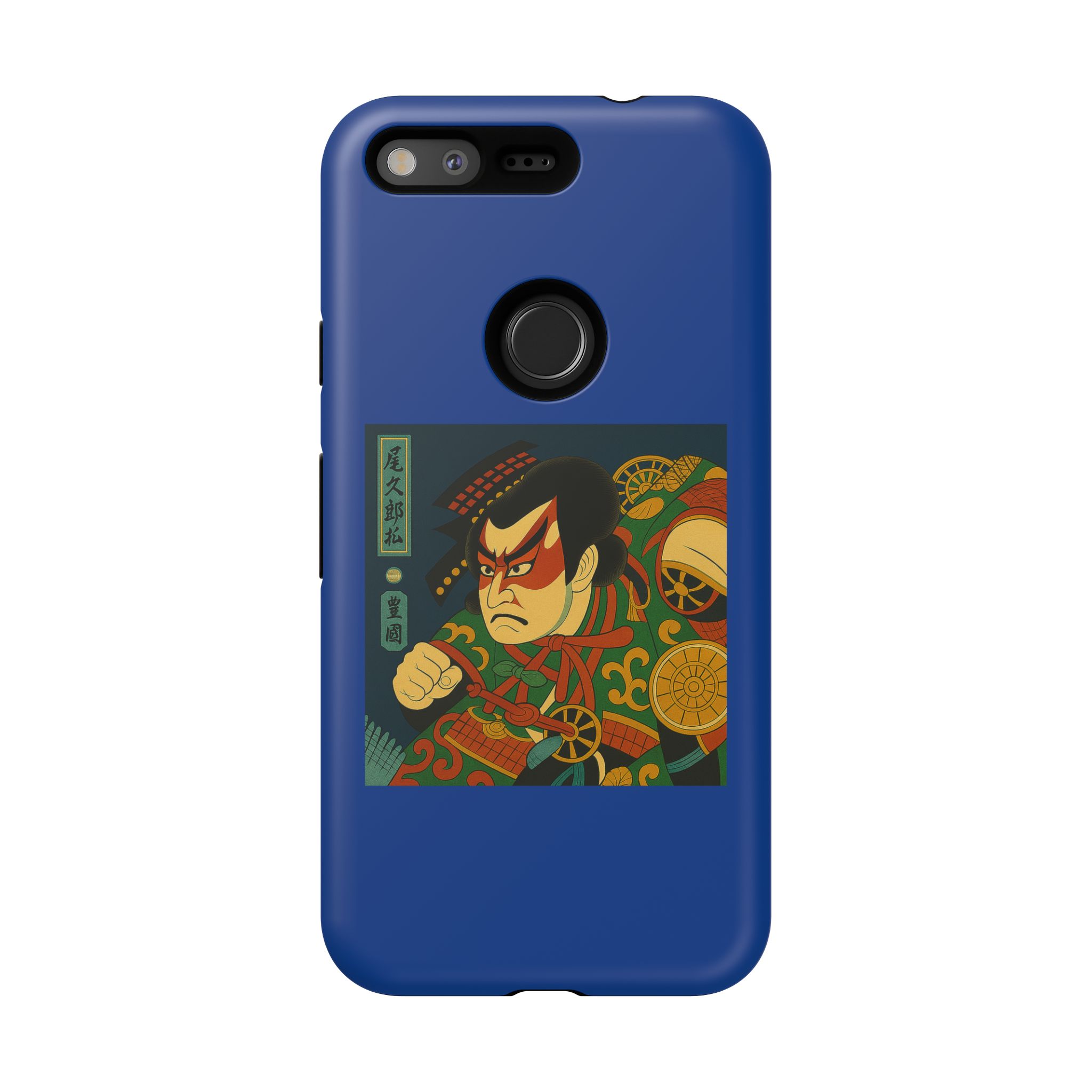 Blue phone case featuring traditional Japanese artwork of a fierce warrior with bold colors and intricate details.