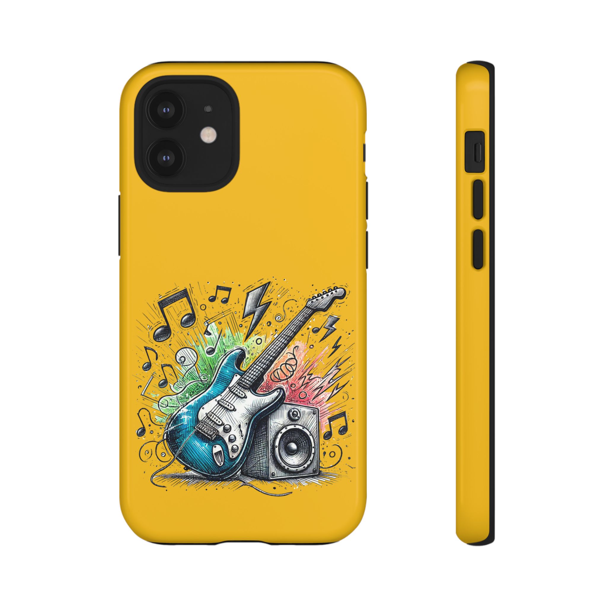 Phone case featuring a blue electric guitar, speaker, and musical notes on a yellow background.