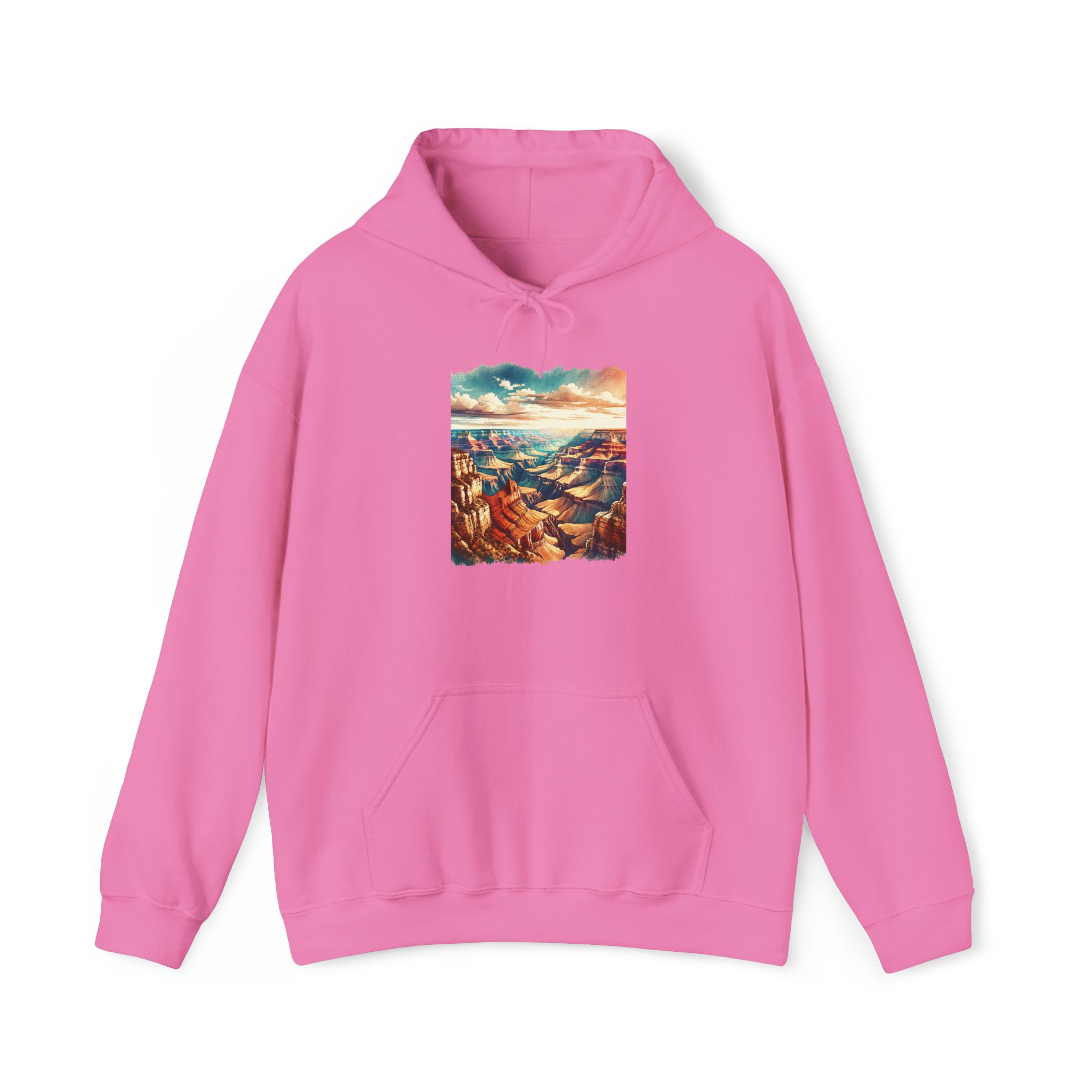 Pink hoodie featuring a graphic of the Grand Canyon landscape at sunset.
