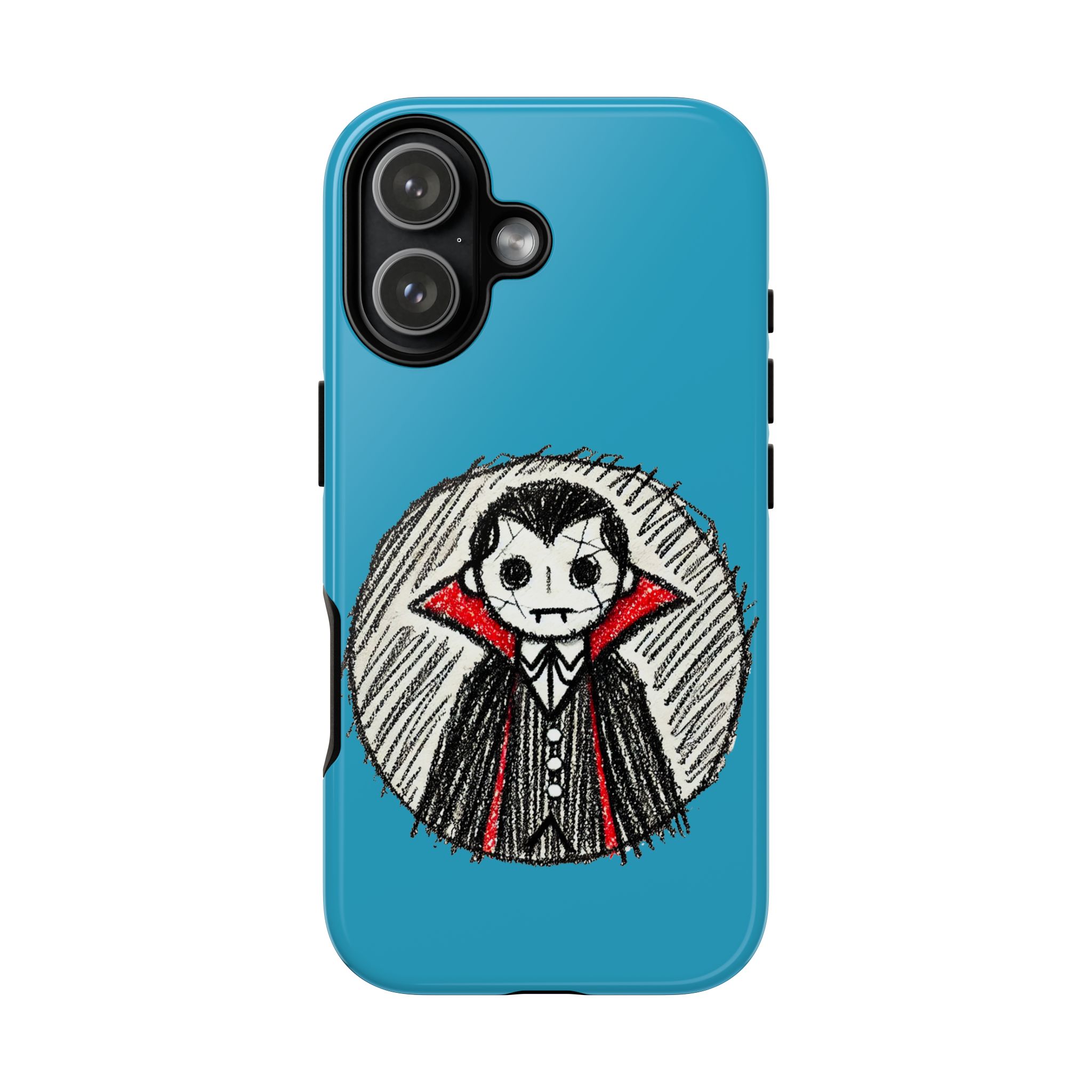 Cartoon illustration of a Dracula character on a blue phone case with a round background.