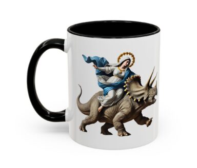 Mug with Virgin Mary Riding a Triceratops Design