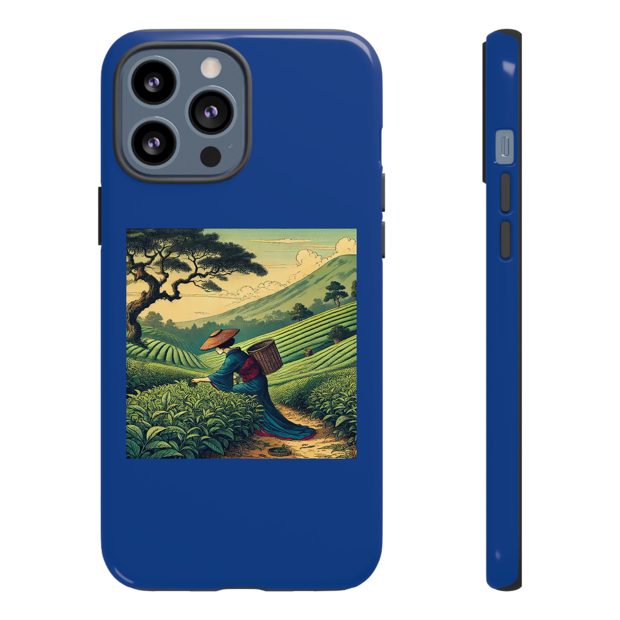 Blue phone case featuring an illustration of a person carrying a basket in a tea plantation.