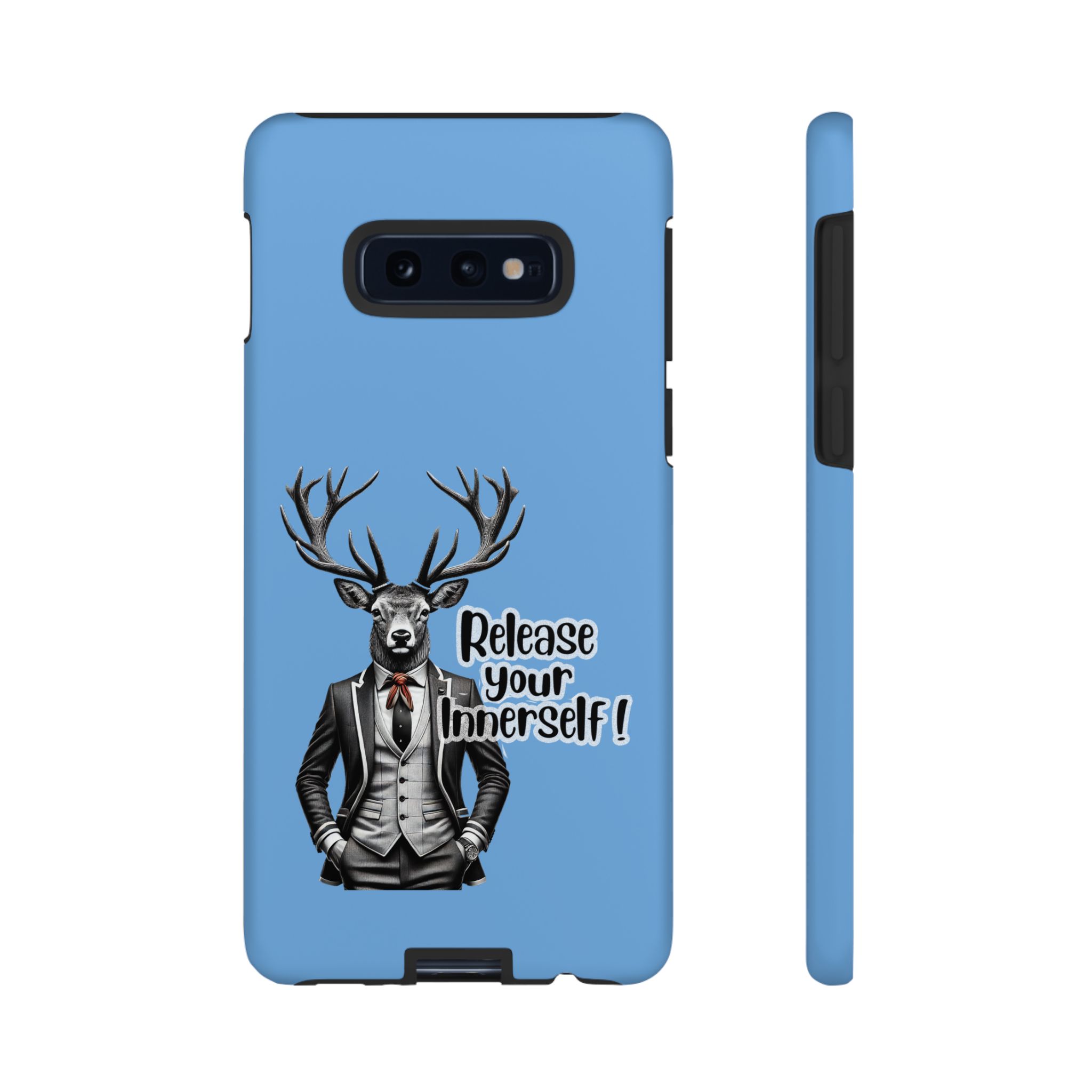 Blue phone case featuring a deer in a suit with the text 'Release your Inner self!'.