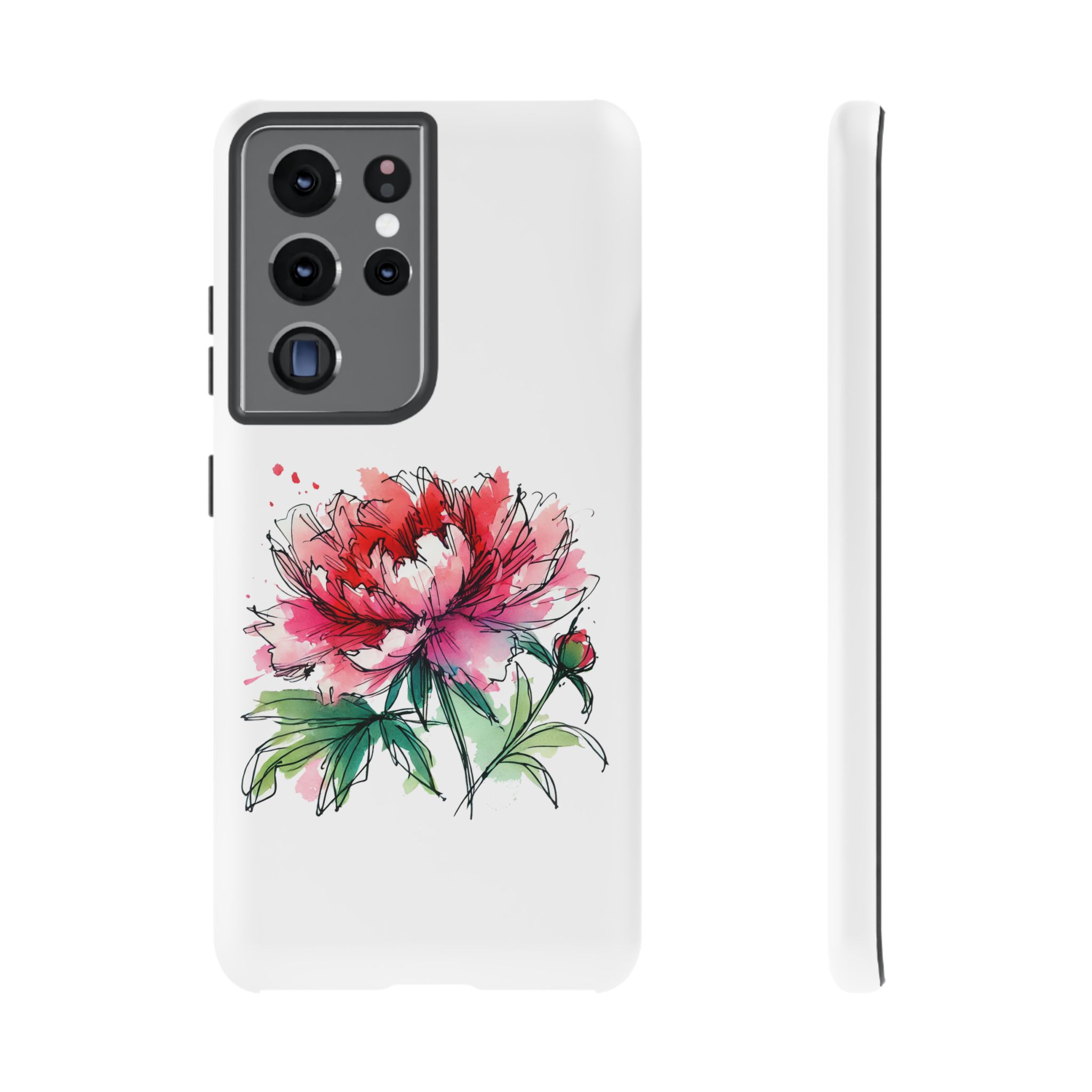 Phone case featuring a watercolor illustration of a peony flower in shades of pink and green.