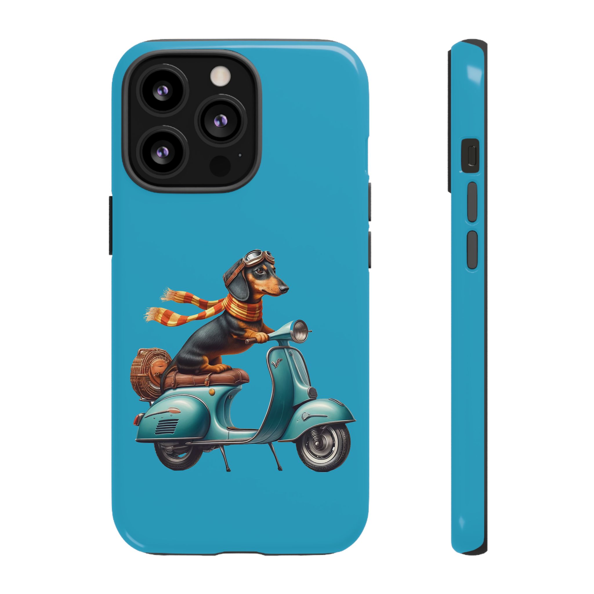 Phone case featuring a dachshund wearing a scarf riding a vintage scooter.