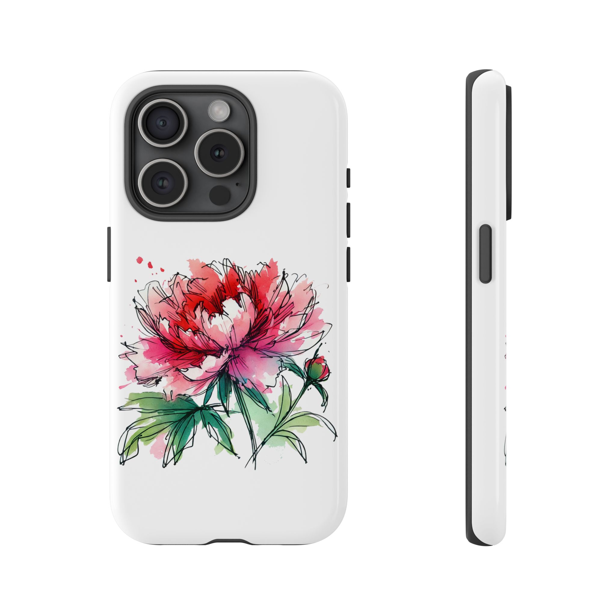 Phone case featuring a hand-drawn peony flower design in vibrant colors.