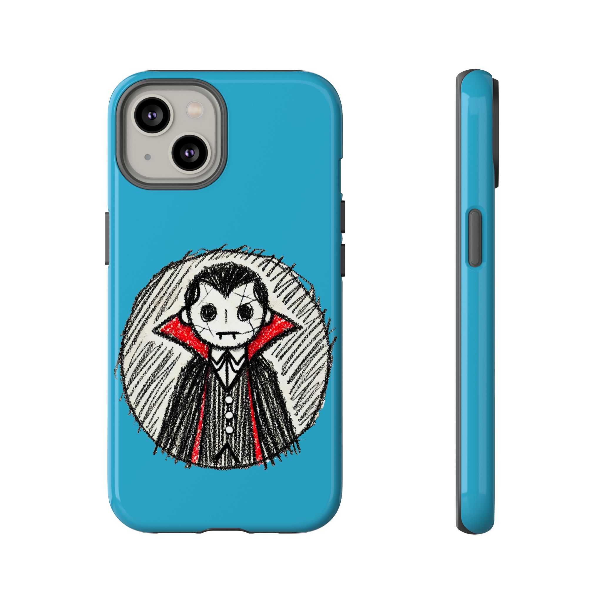 Blue phone case featuring a hand-drawn illustration of a Dracula character in a red cape.