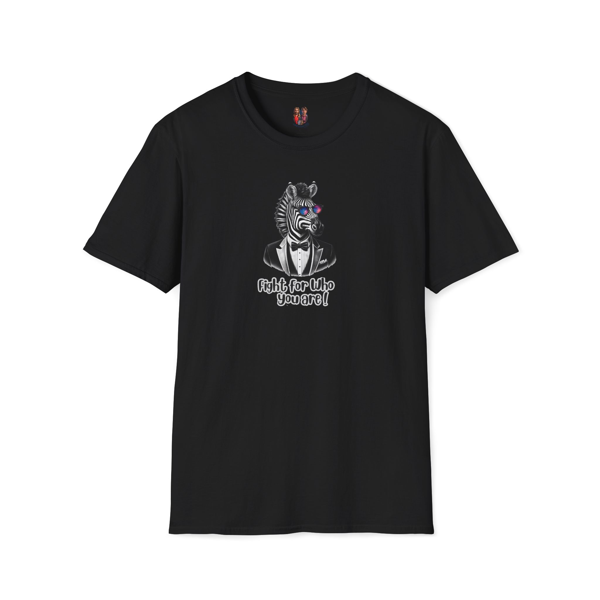 Black t-shirt featuring a zebra wearing a tuxedo and the text 'Fight for who you are!'