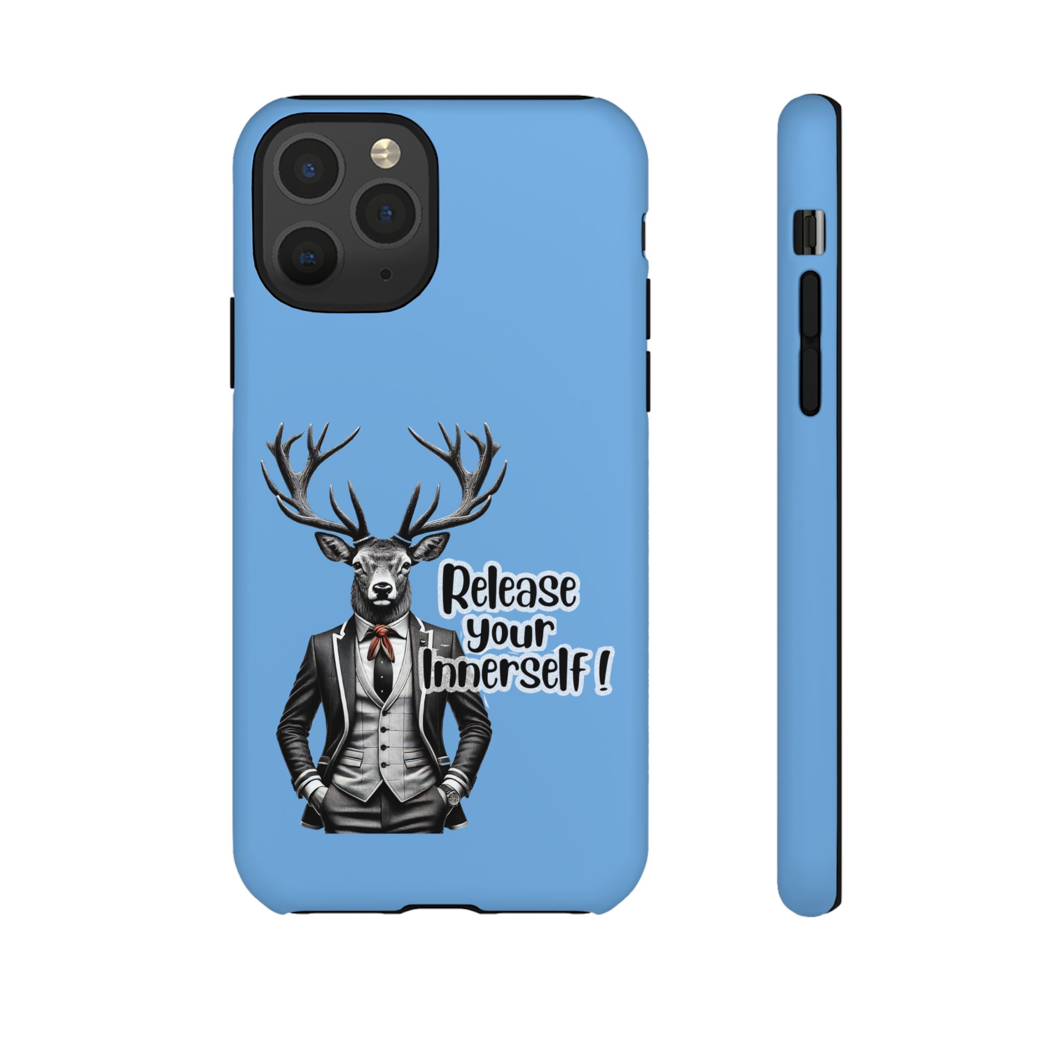 Blue phone case featuring a deer in a suit with the text 'Release Your Inner Self!'