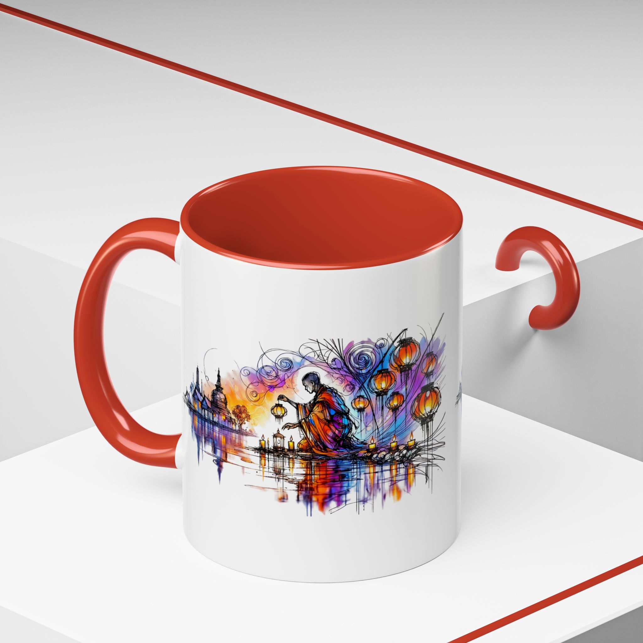 Mug featuring a colorful artistic design with a figure and lanterns against a vibrant background.