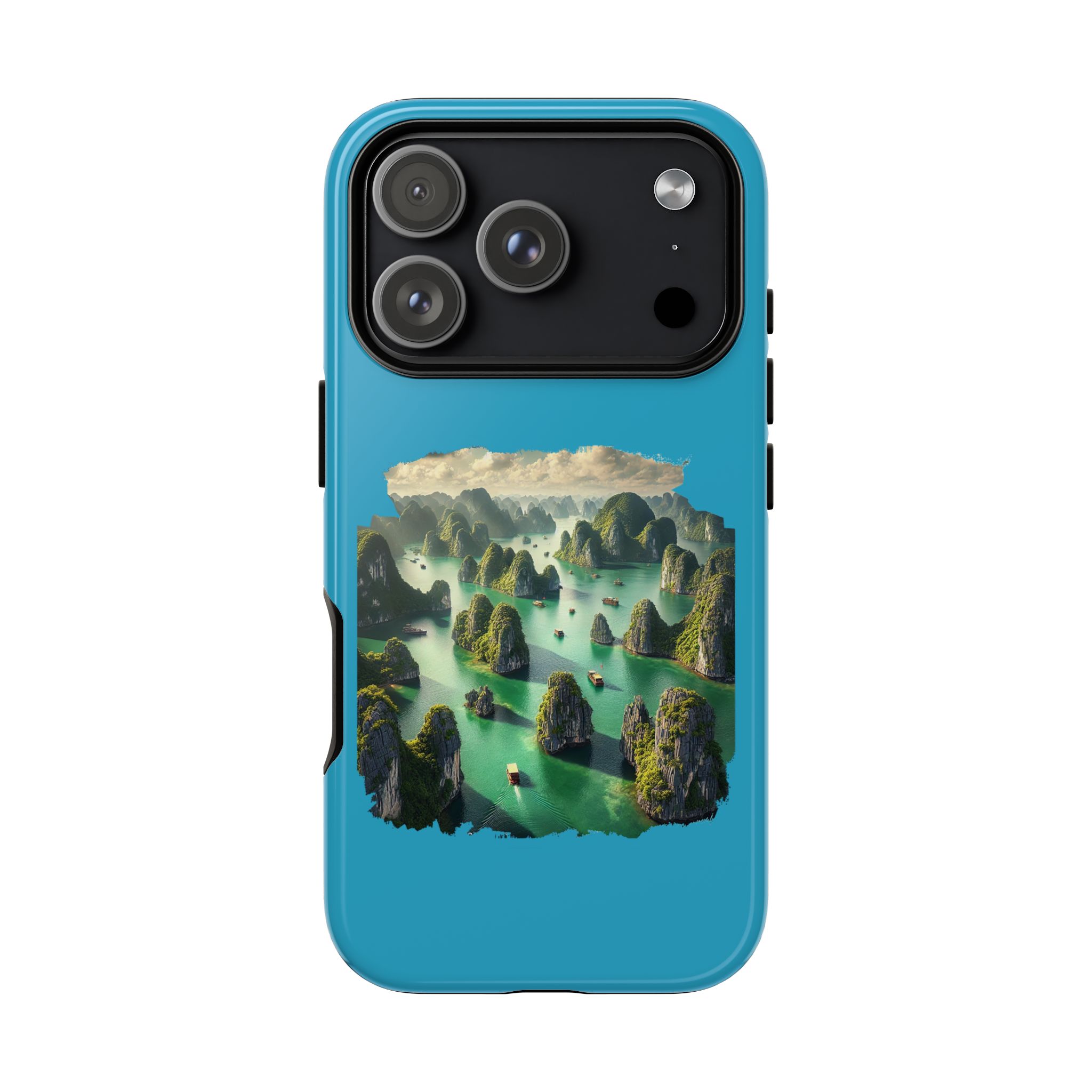 Phone case featuring a vibrant landscape design with mountains and water in a blue color scheme.