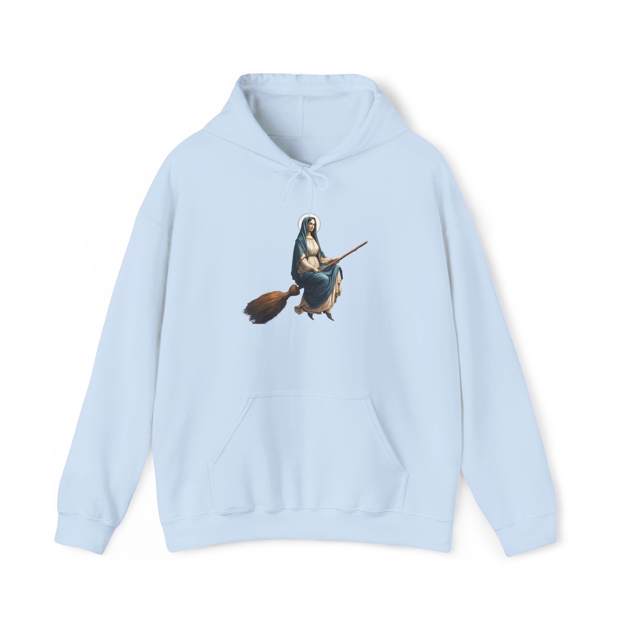 Light blue hoodie featuring a graphic of a witch riding a broomstick.