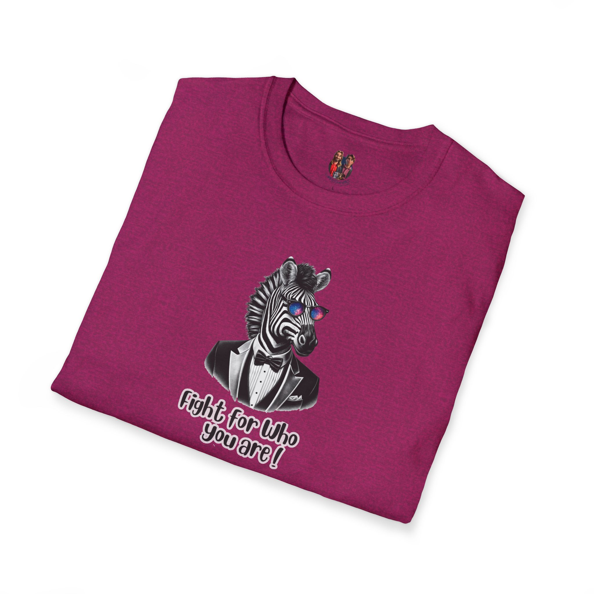Maroon t-shirt featuring a zebra wearing a tuxedo and sunglasses with the text 'Fight for who you are!'