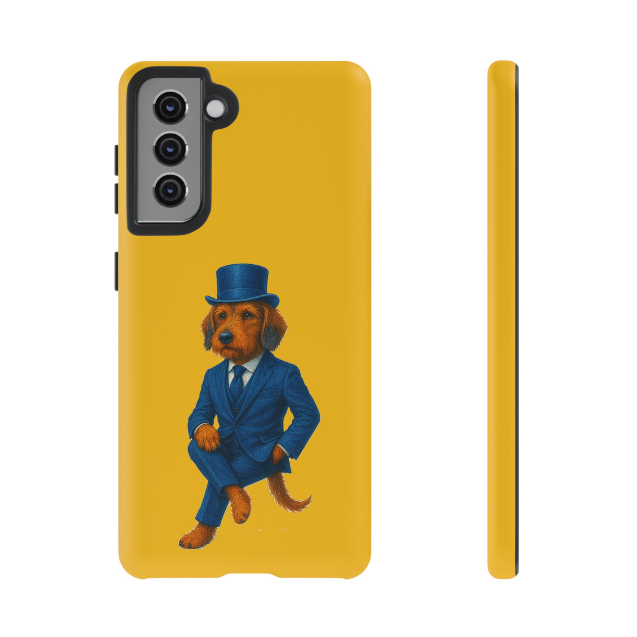 Phone case featuring a dog in a blue suit and top hat against a yellow background.