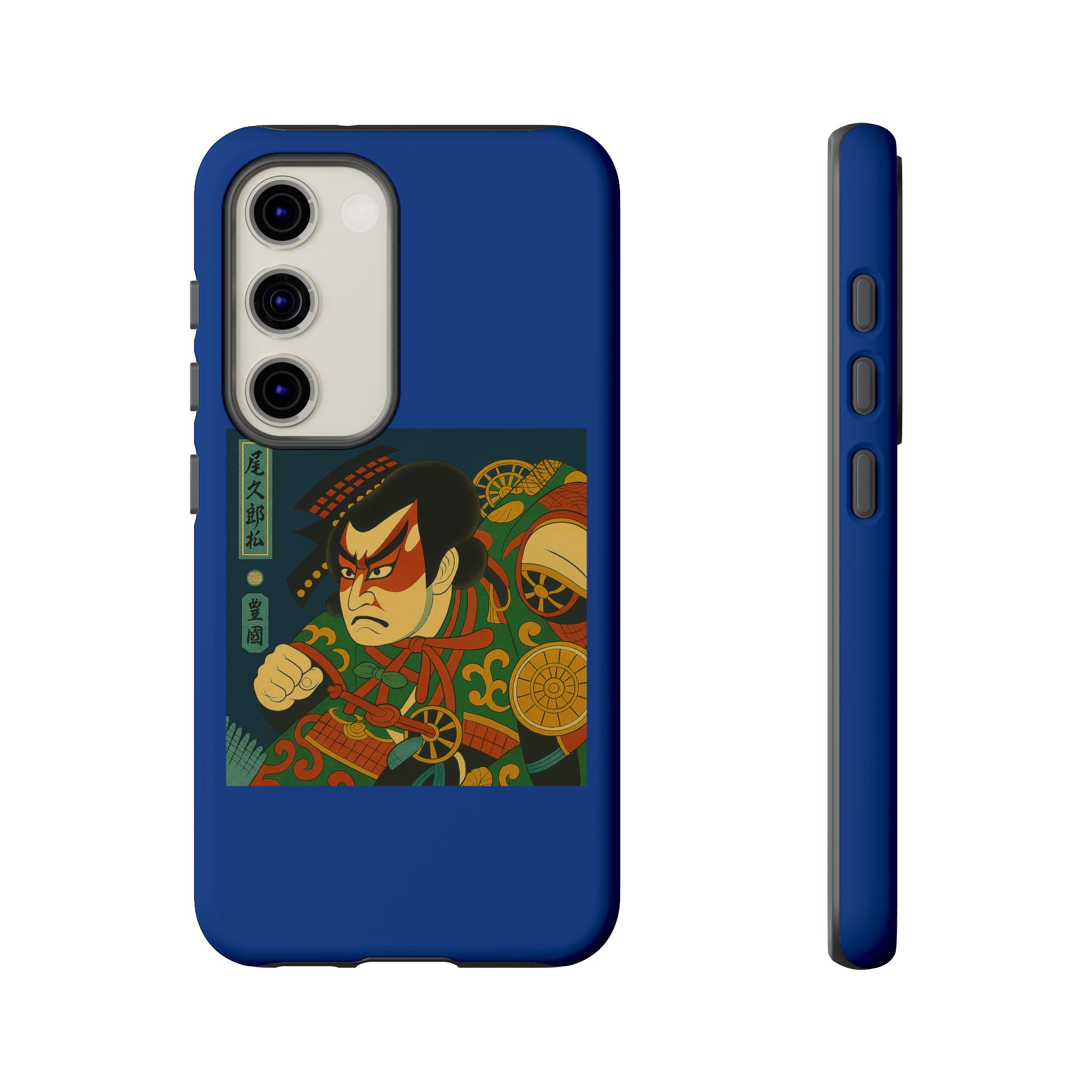 Blue phone case featuring an illustration of a samurai with traditional Japanese design elements.