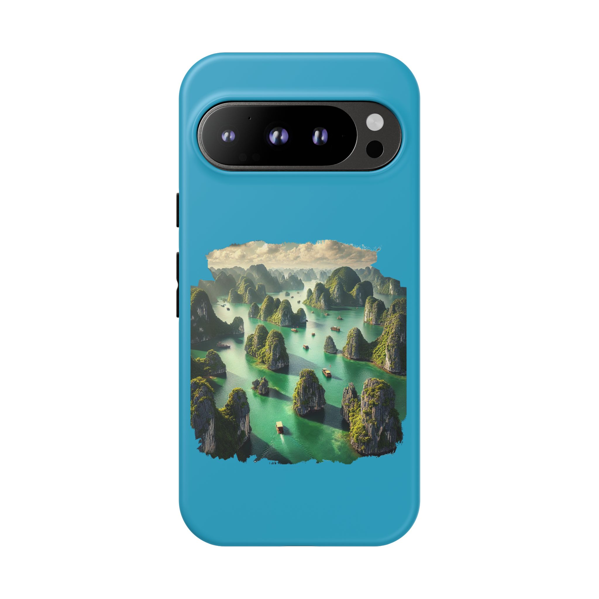 Phone case featuring a scenic landscape with green islands and boats on blue water.