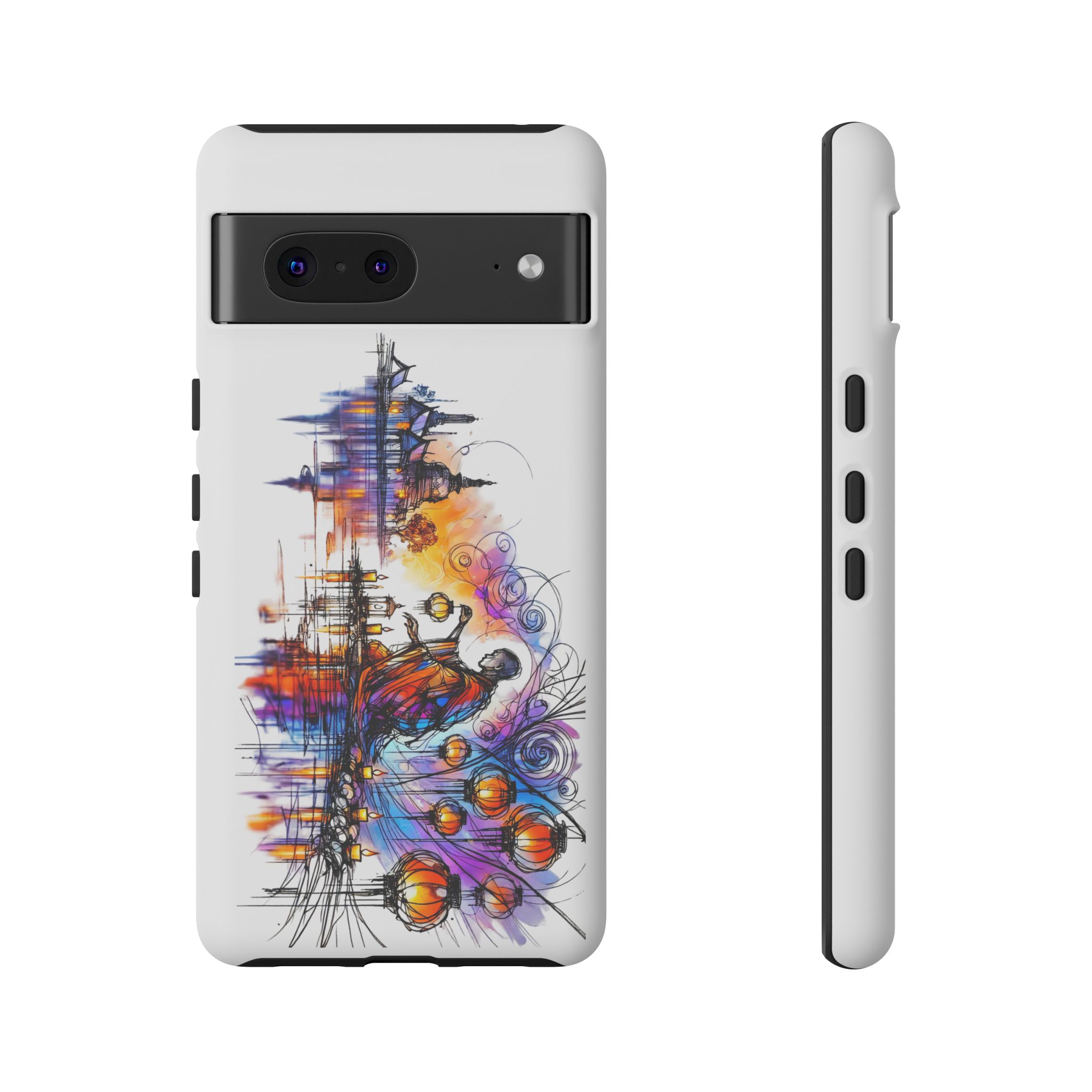 Colorful artistic design on a phone case featuring abstract shapes and figures.