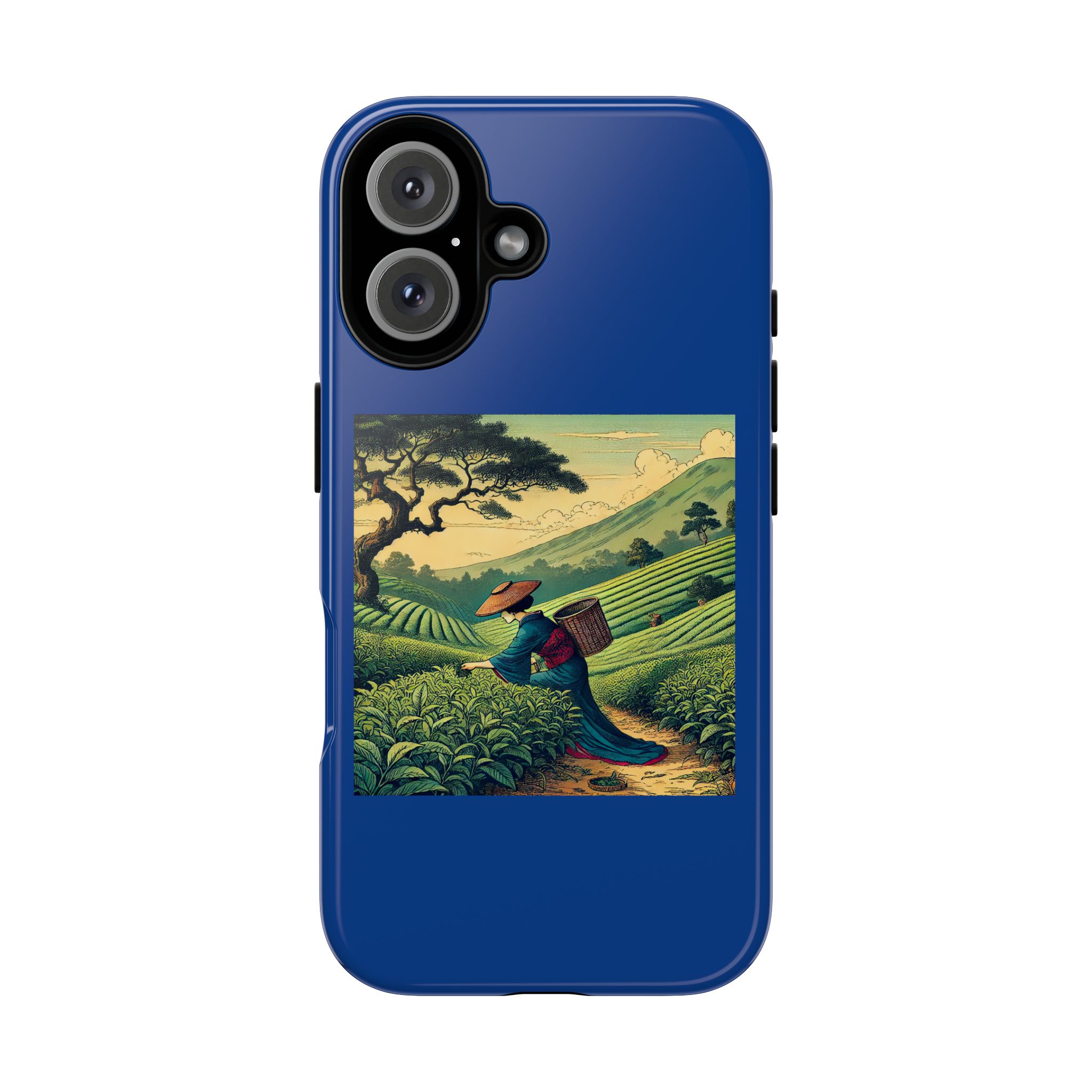 Blue phone case featuring an illustration of a person carrying a basket in a tea plantation.