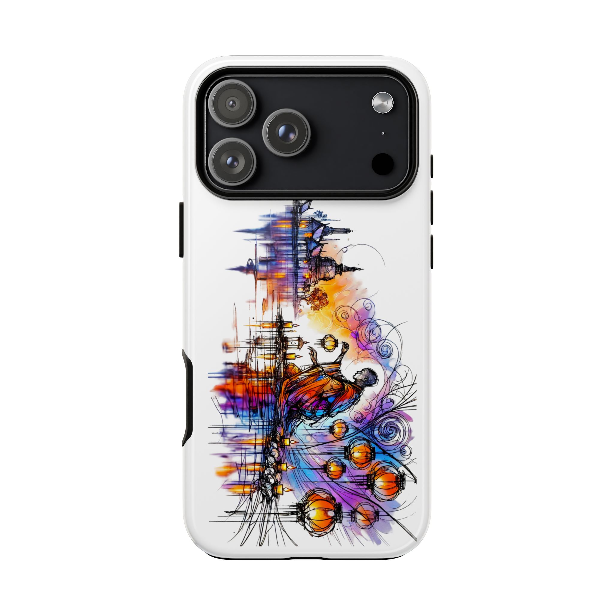 Colorful artistic design on a phone case featuring abstract shapes and figures.