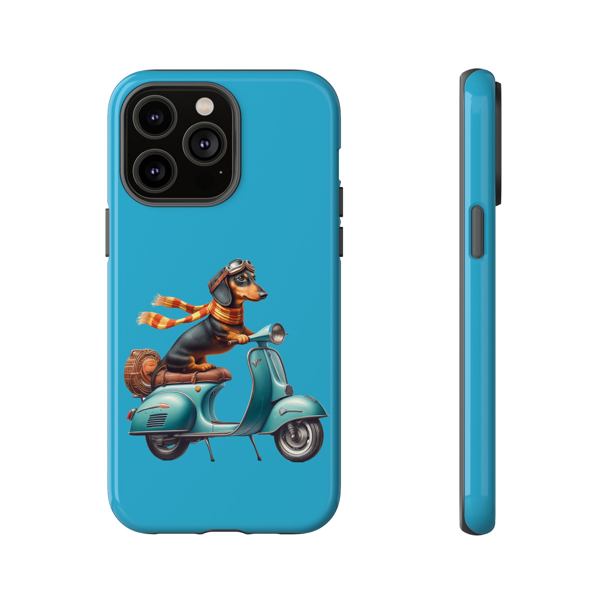 Dachshund wearing goggles and a scarf riding a blue scooter on a phone case.