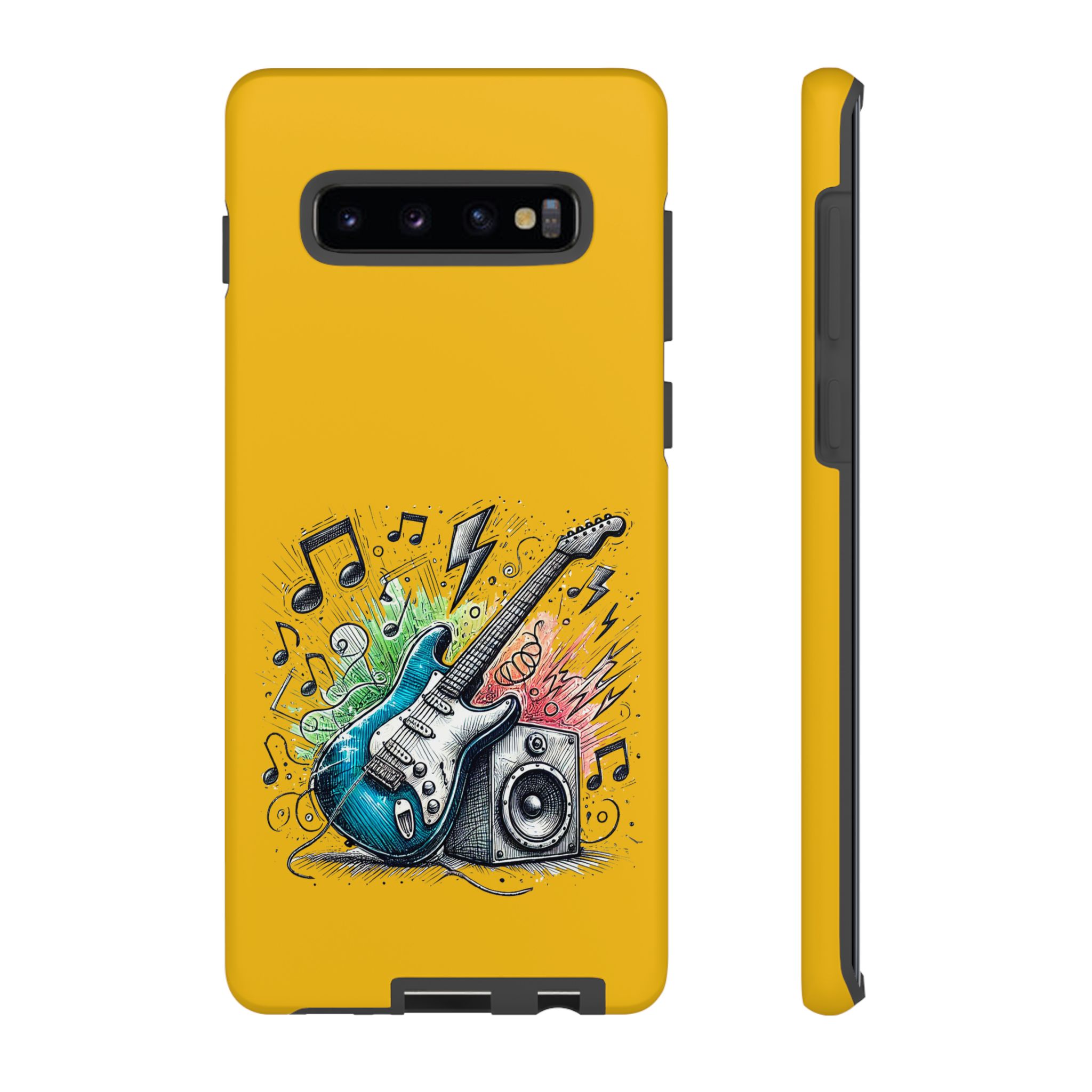 Phone case design featuring a blue electric guitar and a speaker with musical notes and colorful graphics.