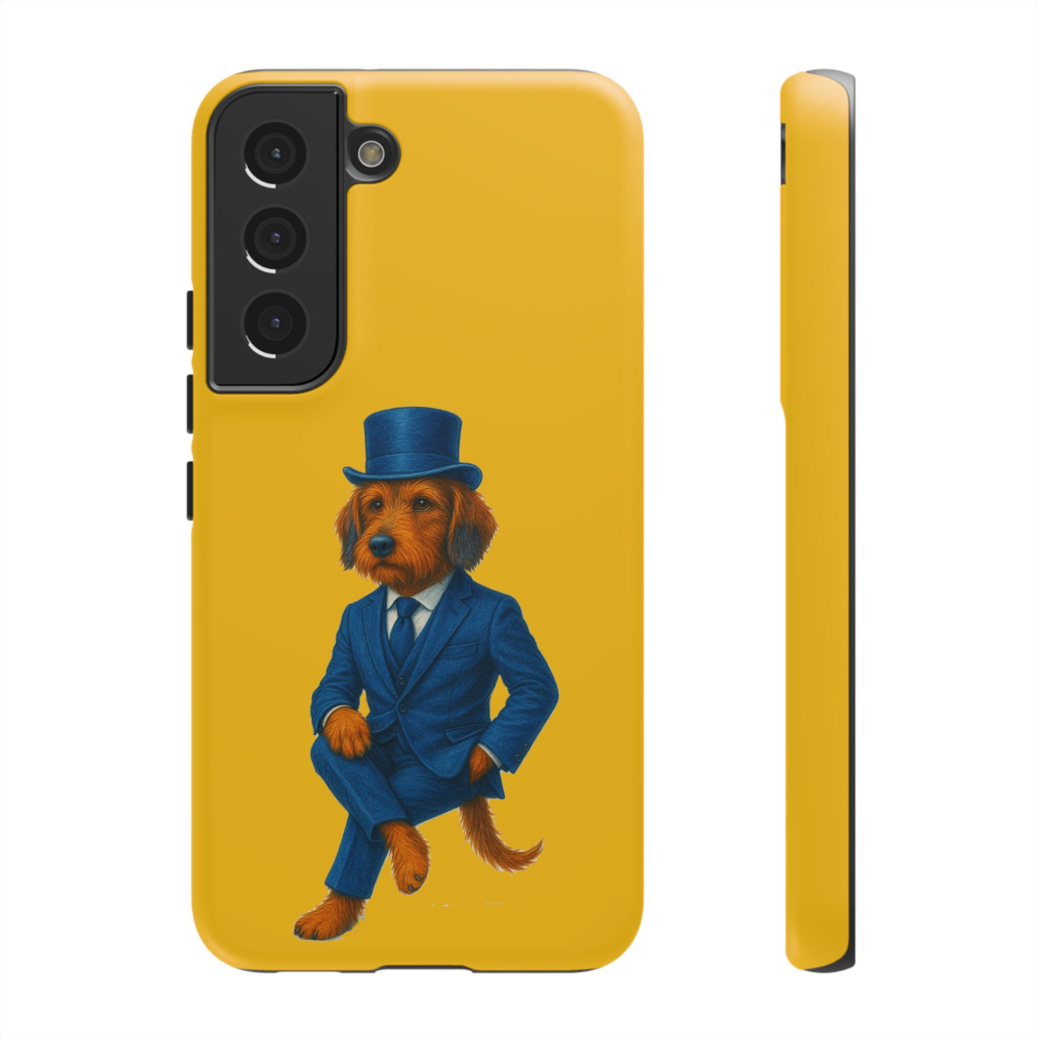 A phone case featuring a dog dressed in a blue suit and top hat against a yellow background.