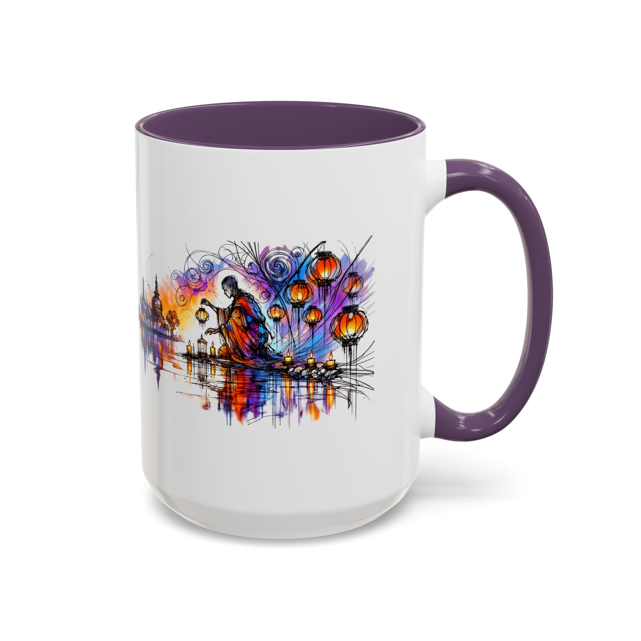 Mug featuring an artistic design with colorful lanterns and a figure by the water.