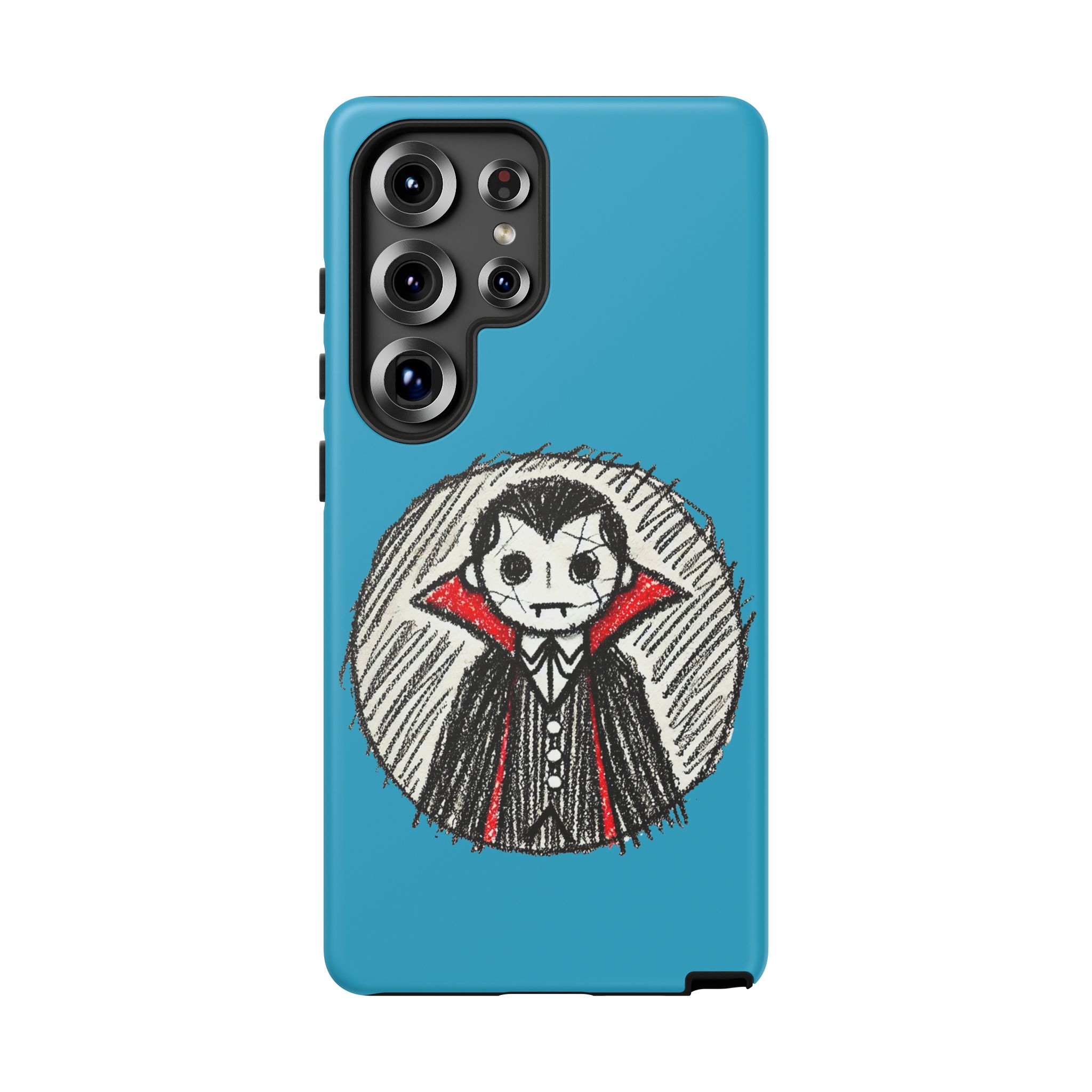 Cartoon illustration of a Dracula character on a blue phone case with a round background.