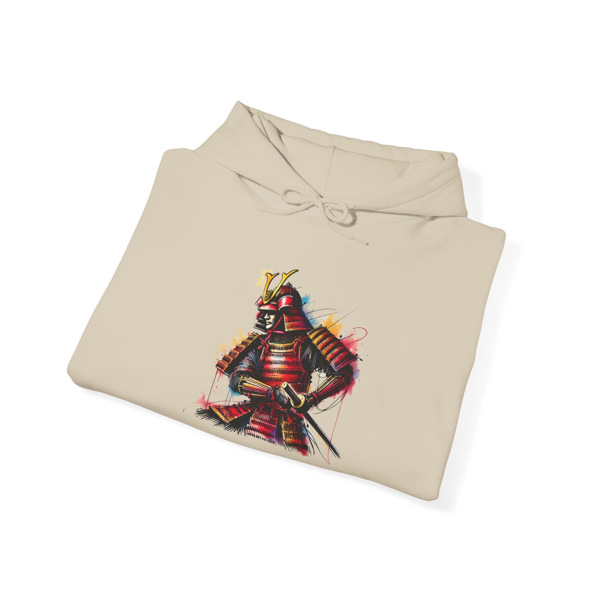 Beige hoodie with a colorful samurai graphic design on the front.
