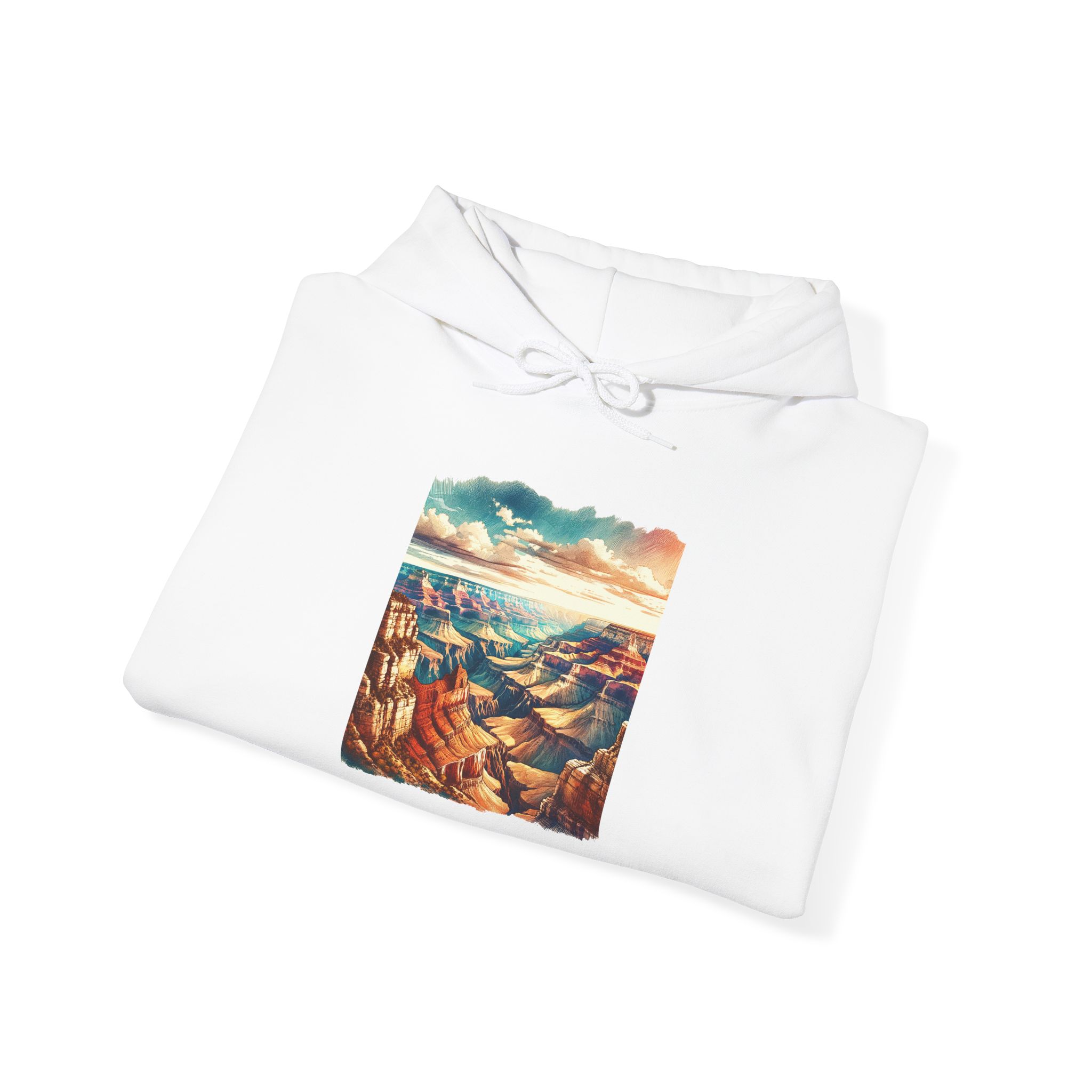 White hoodie featuring an artistic depiction of the Grand Canyon landscape.
