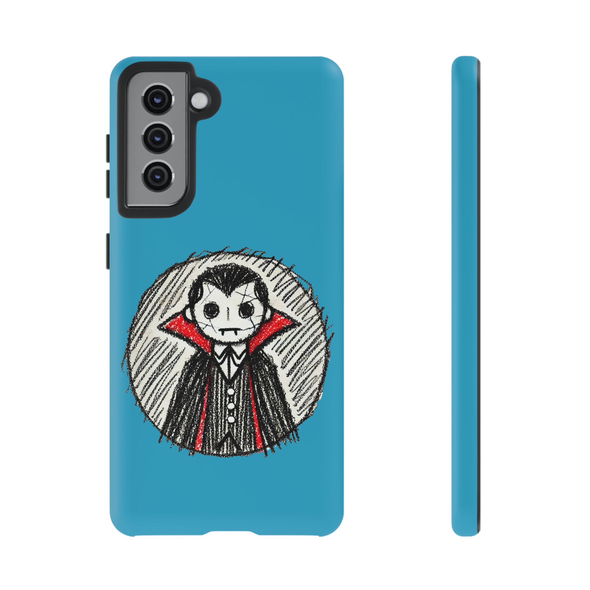 Blue phone case featuring a cartoon-style Dracula illustration with a red cape and a skull face.