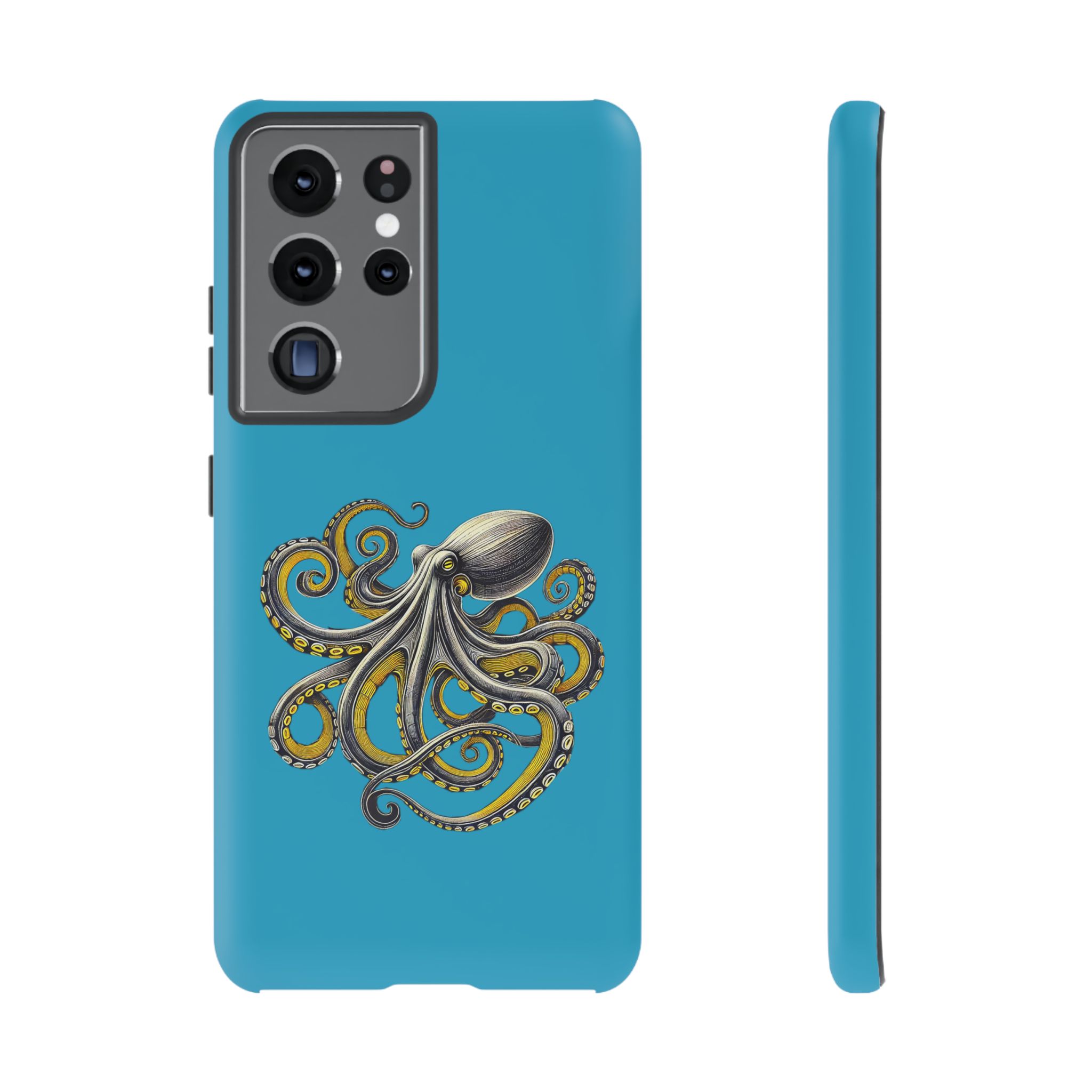 Blue phone case featuring a detailed illustration of an octopus with intricate designs.