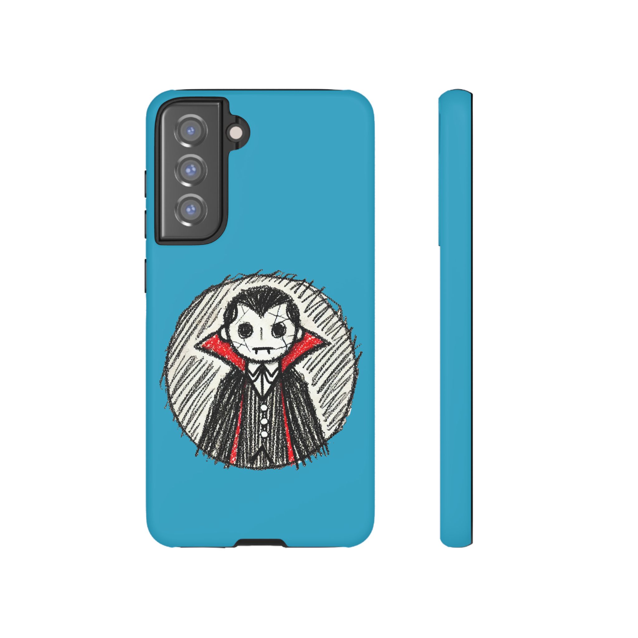 Blue phone case featuring a cartoon vampire character with a red cape and skull face.