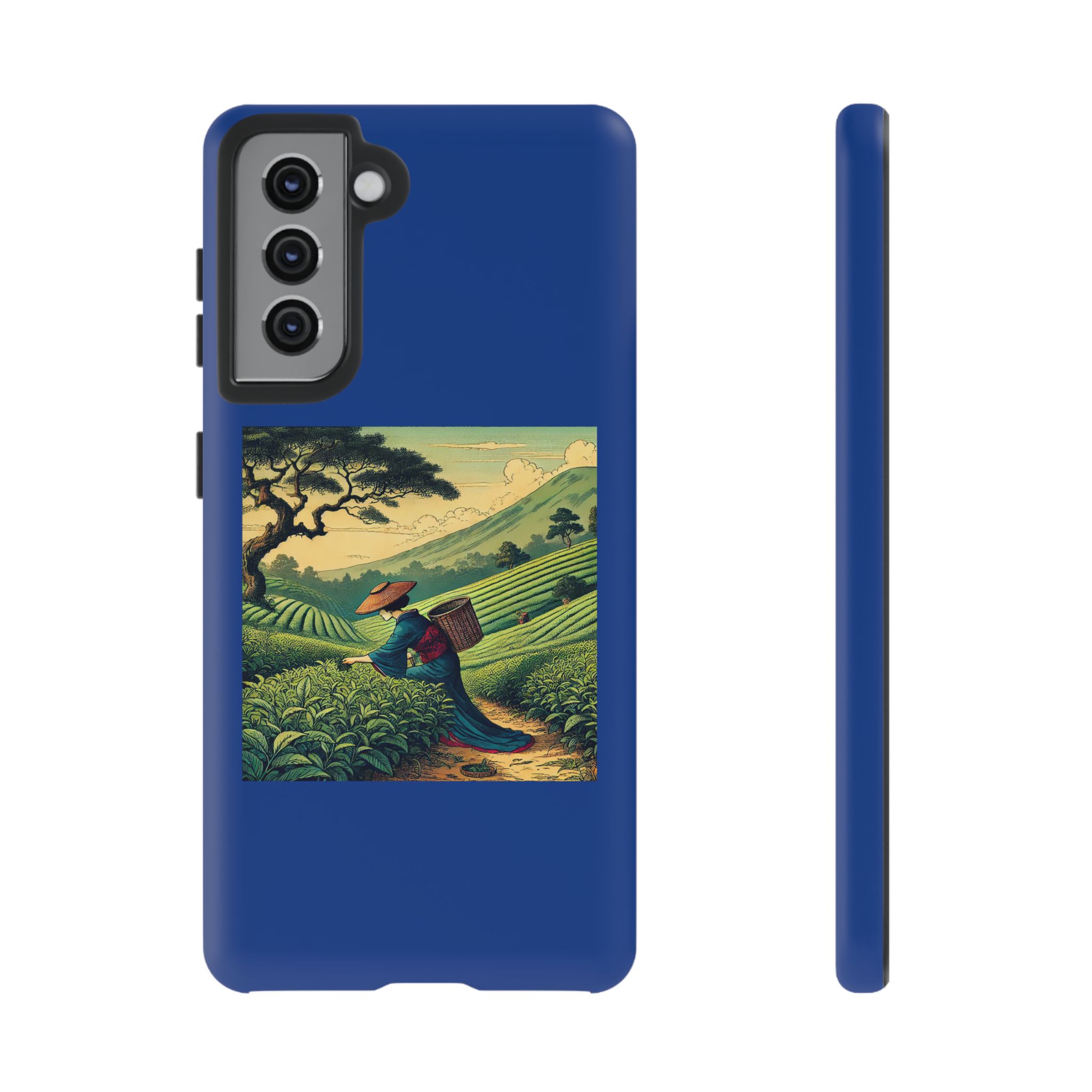 Blue phone case featuring a detailed illustration of a person carrying a basket in a green landscape.