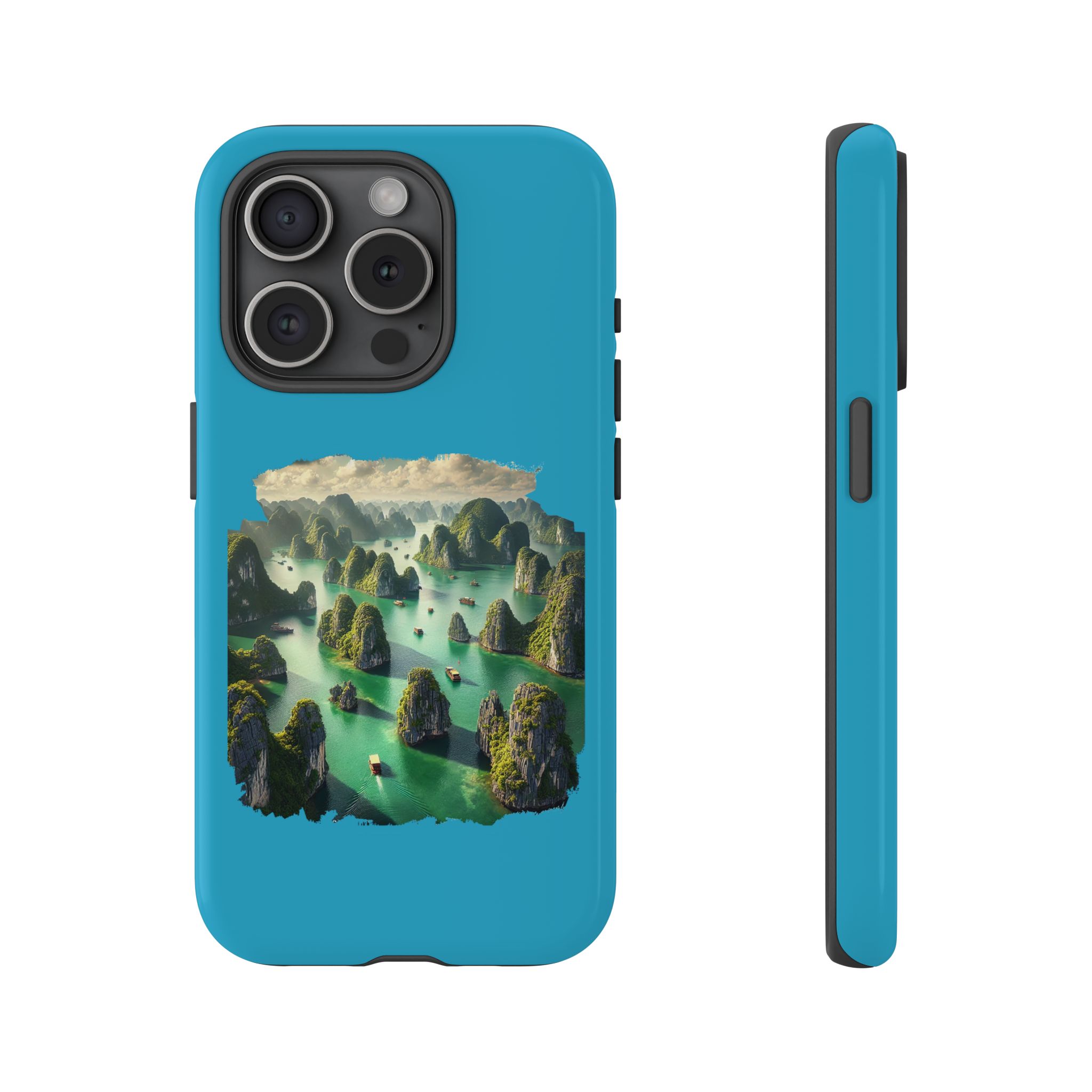 Phone case in turquoise featuring a landscape design with islands and boats in a green body of water.