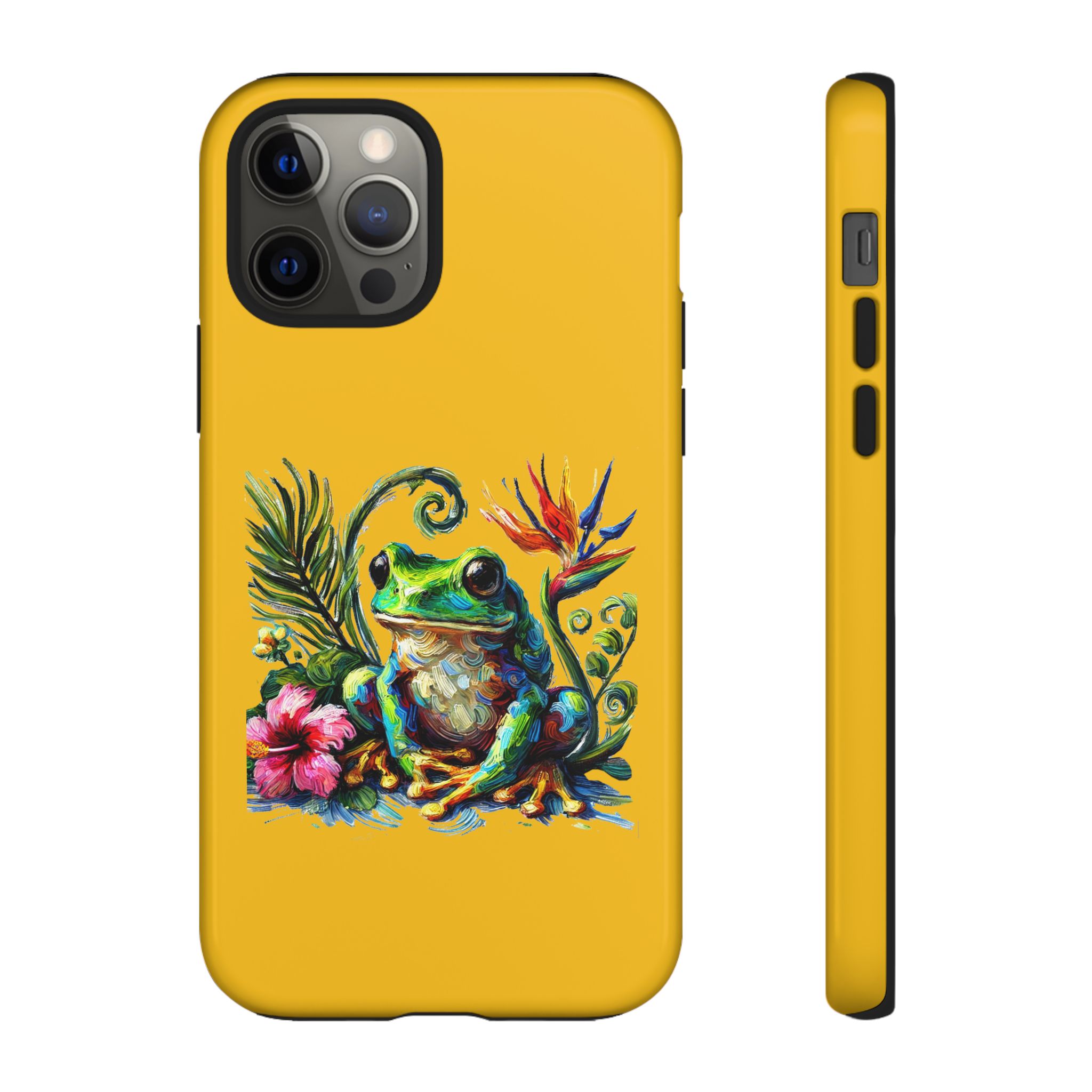 Phone case featuring a colorful frog design with flowers and leaves on a yellow background.