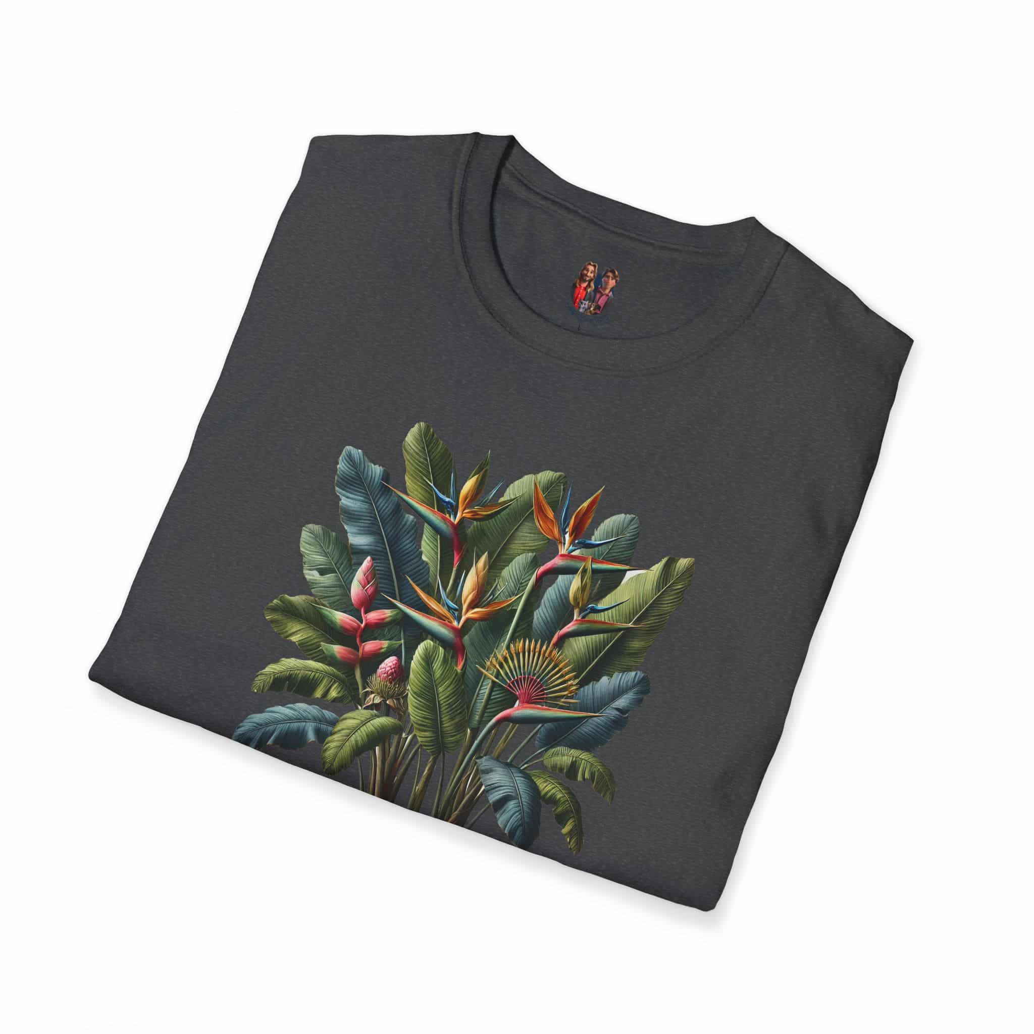 Dark gray T-shirt featuring a colorful tropical plant design with various leaves and flowers.