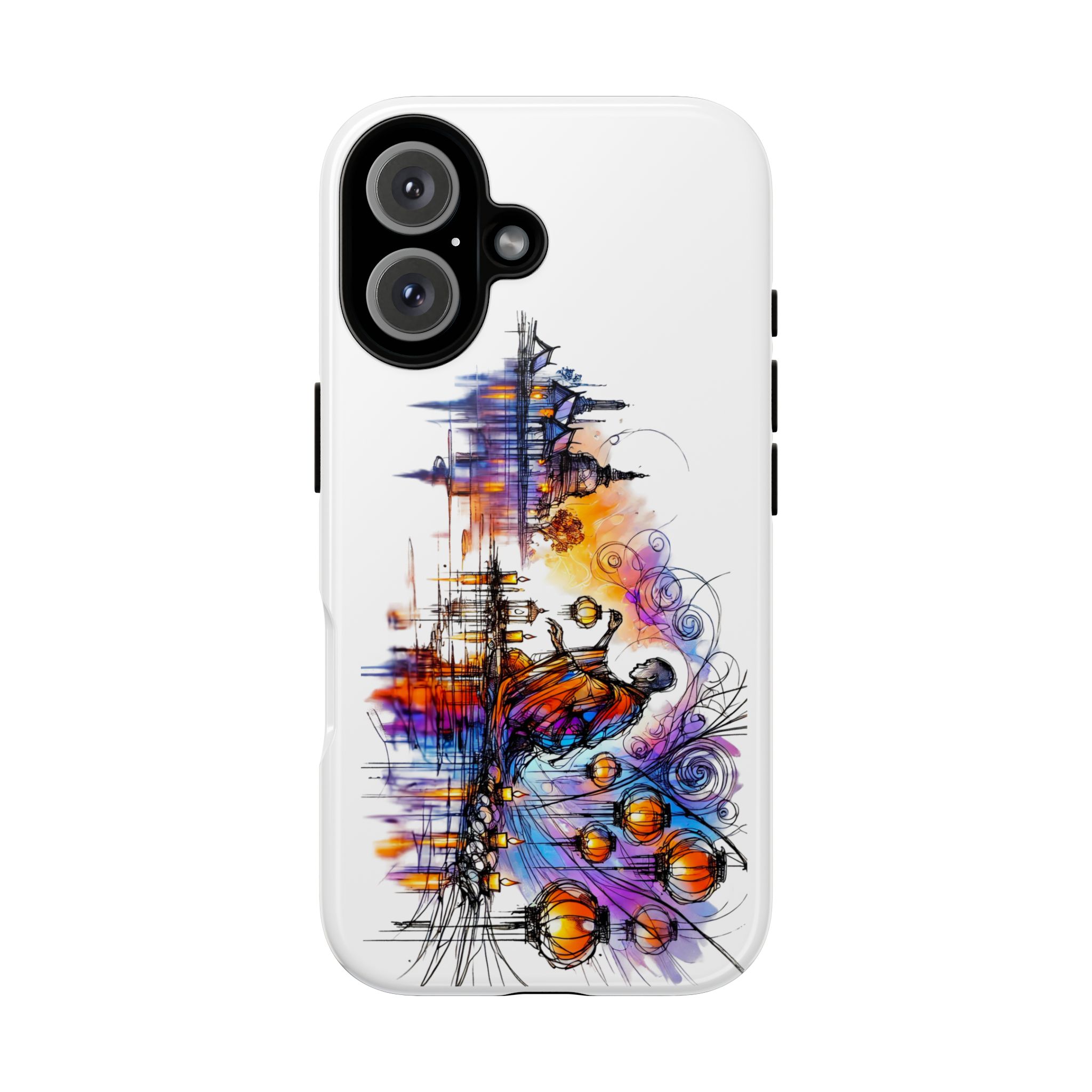 Artistic phone case design featuring vibrant colors and abstract illustrations.