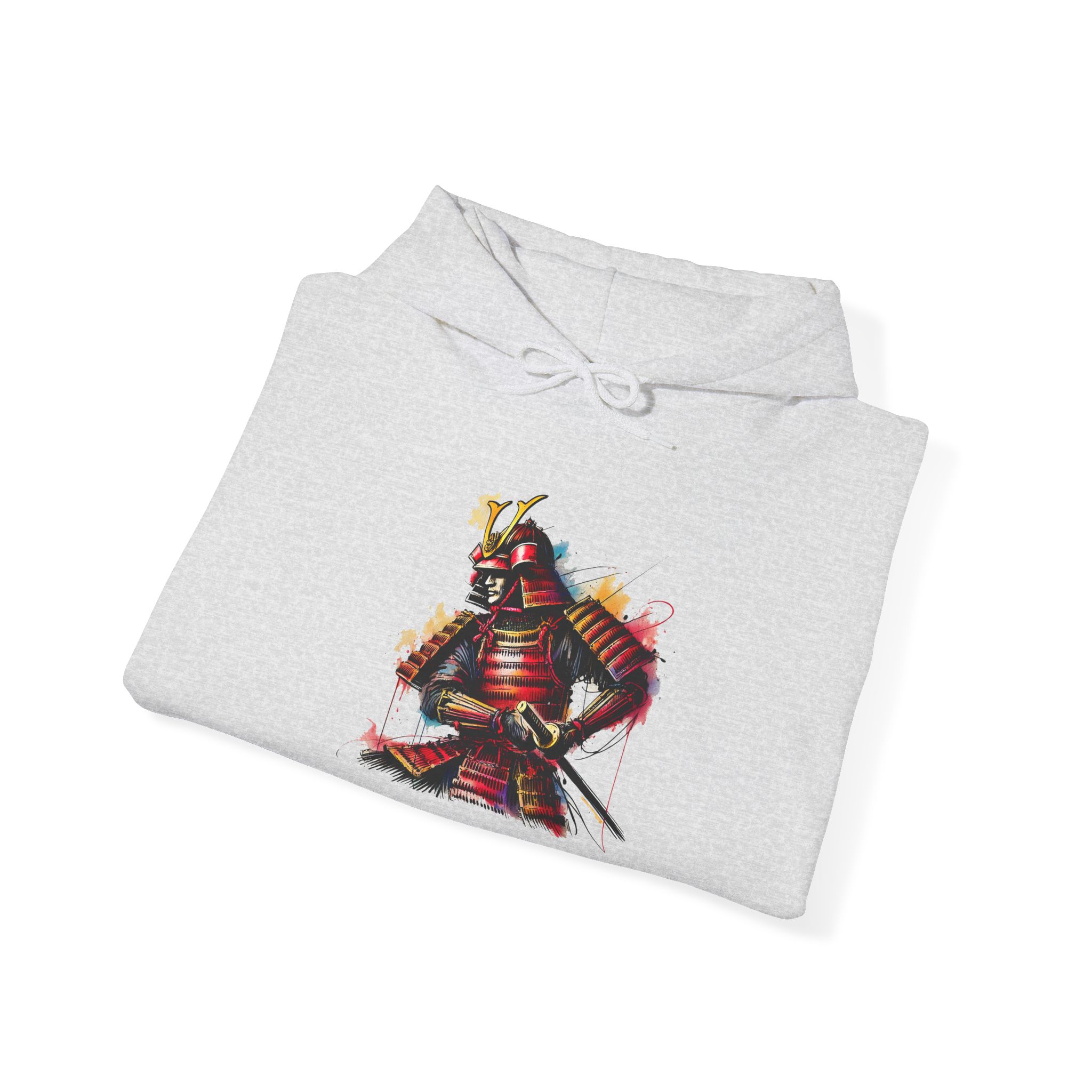 Gray hoodie featuring a colorful illustration of a samurai in traditional armor with a sword.