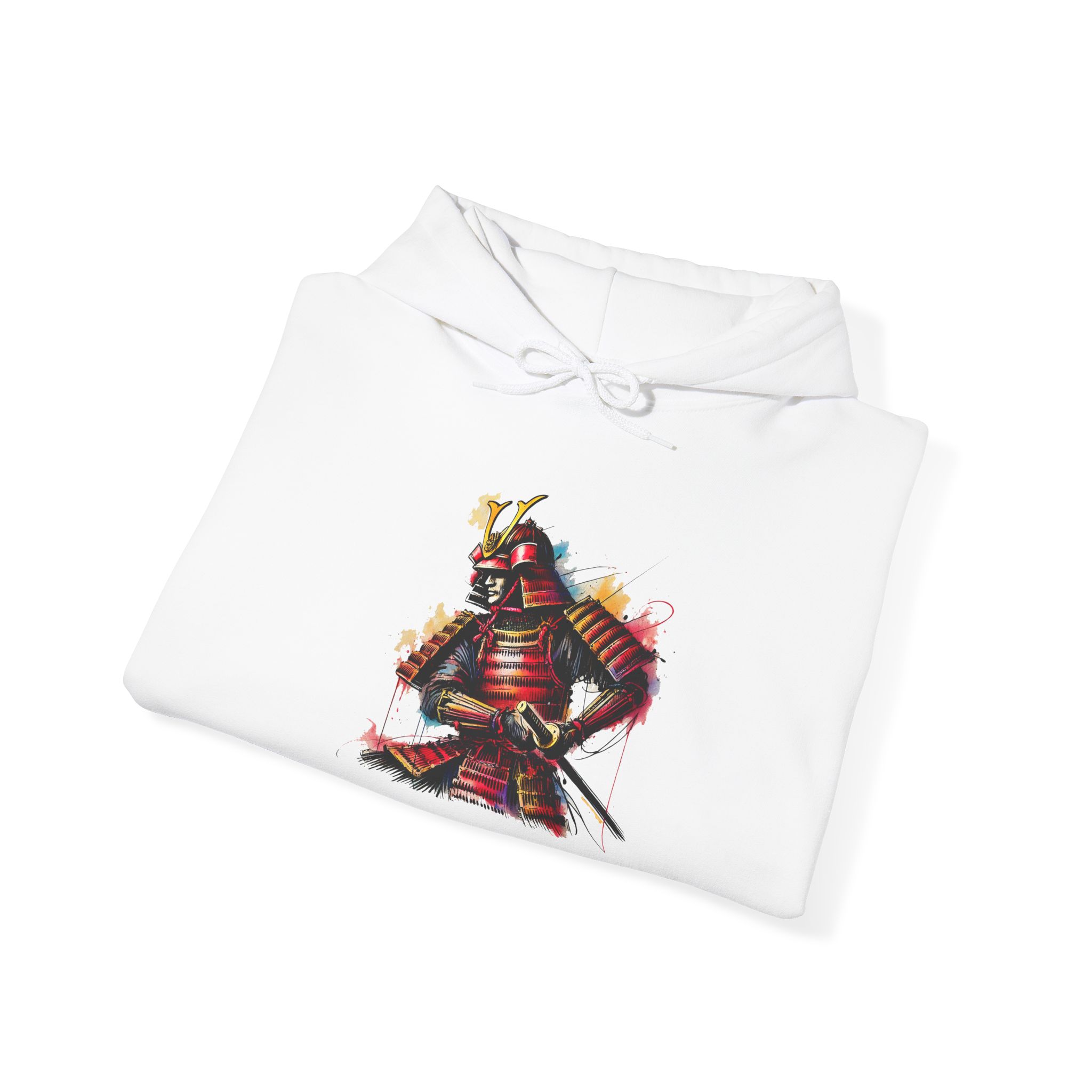 White hoodie featuring a colorful illustration of a samurai in traditional armor with a sword.