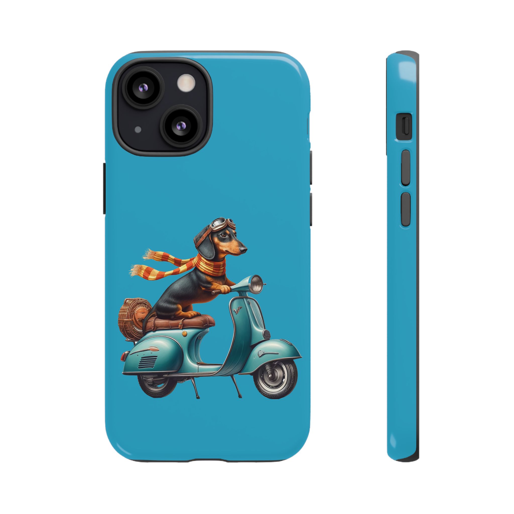 Phone case featuring a dachshund wearing goggles and a scarf riding a vintage scooter.