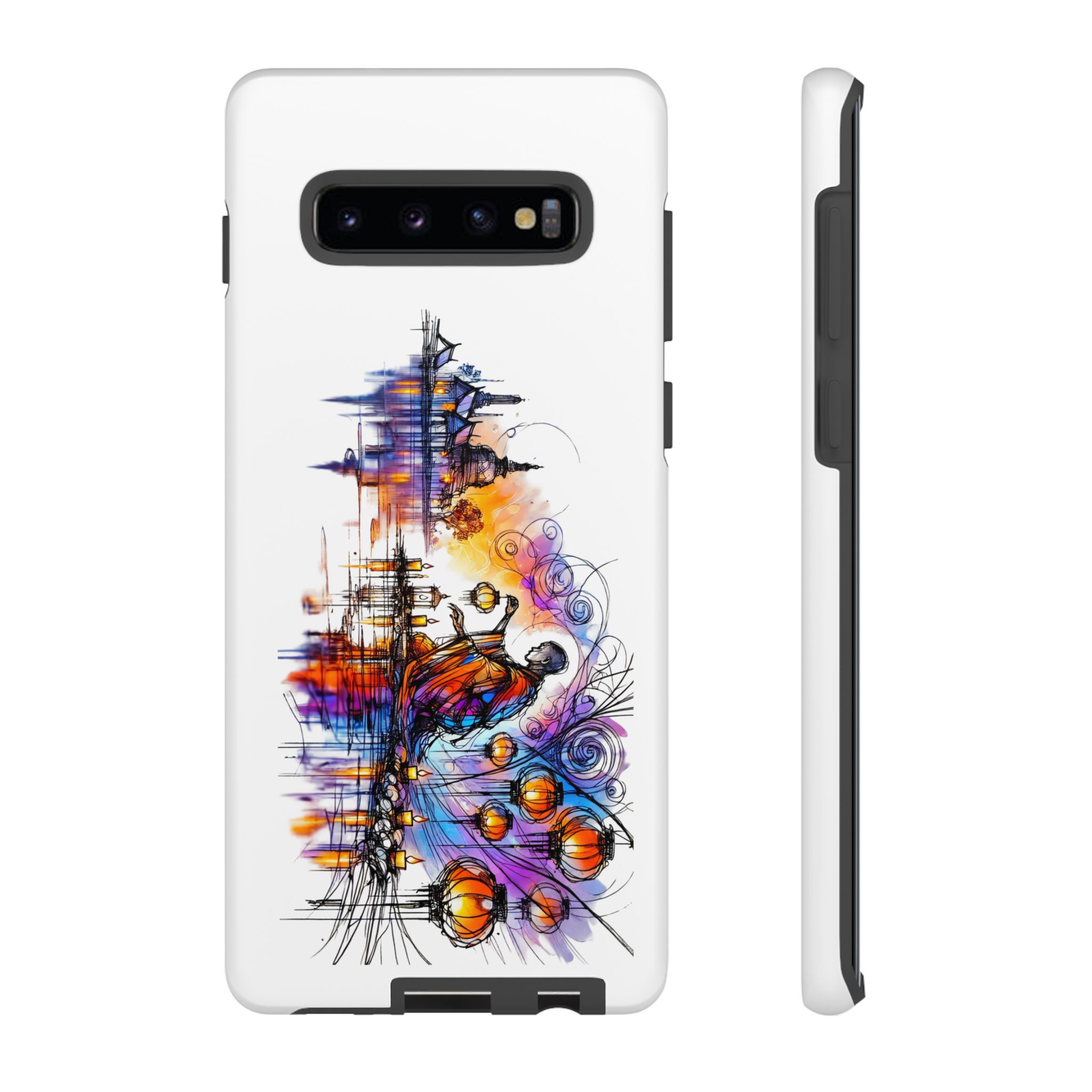 Artistic phone case featuring colorful abstract design with a figure and various shapes.