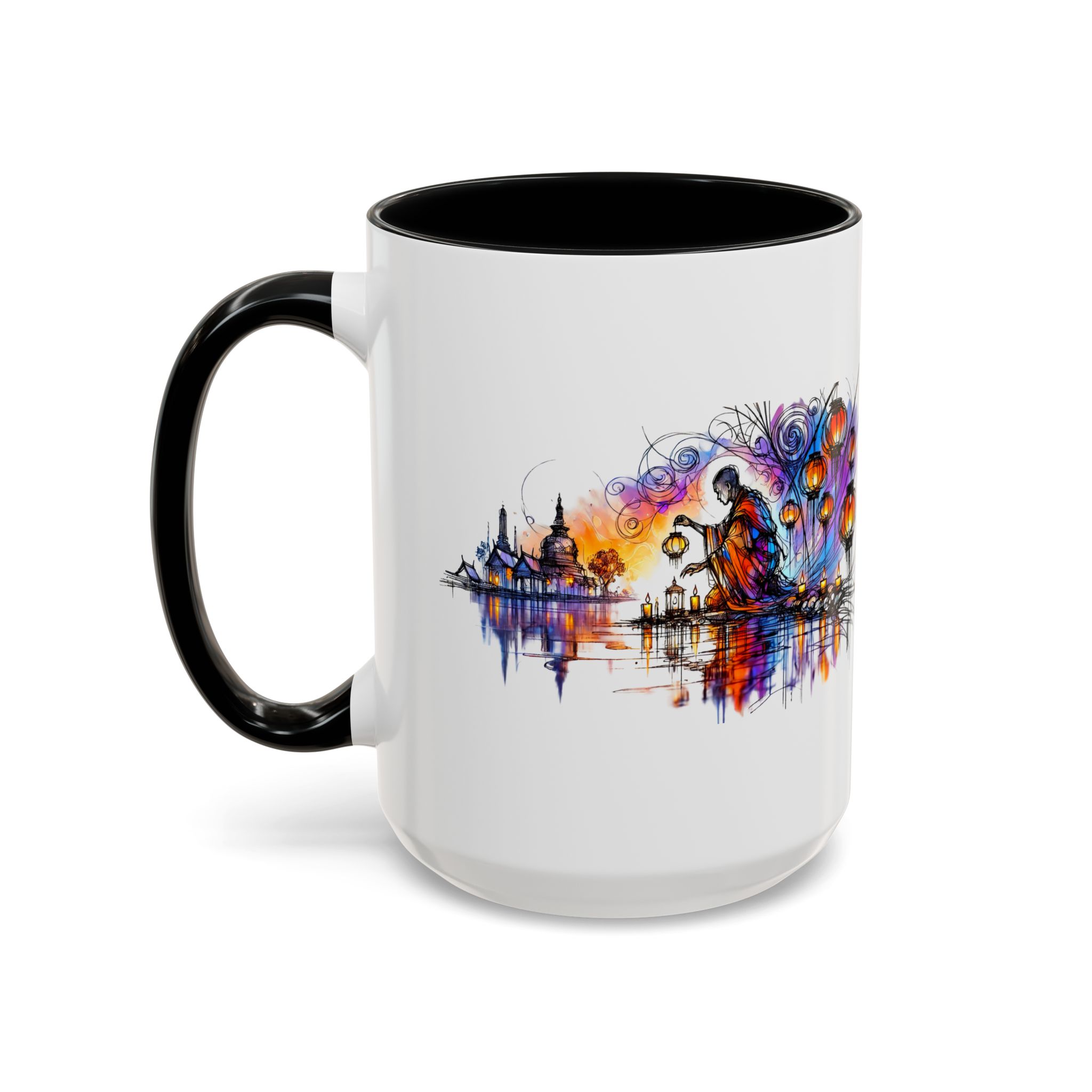 Artistic mug featuring a colorful design of a figure by water with lanterns and vibrant patterns.